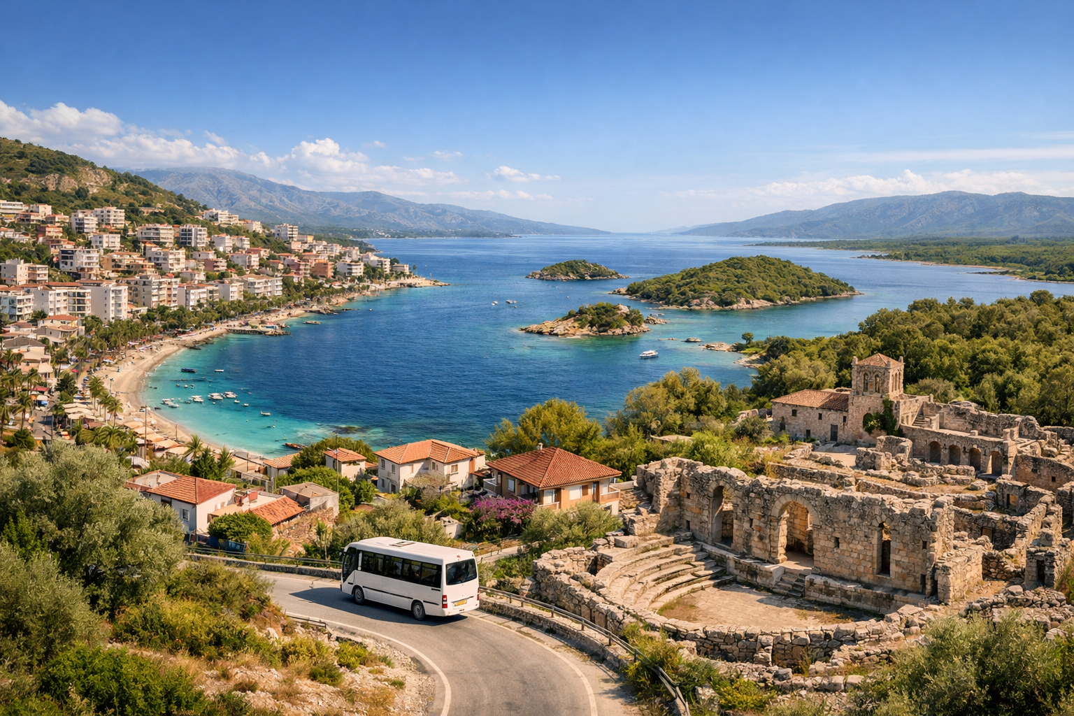 Albania, la Riviera Albanesa. Un viaje económico por Saranda, Ksamil y la antigua Butrinto con descanso en la playa y desplazamientos en minibuses; alojamiento en casas de huéspedes alejadas de la primera línea. Dificultad: fácil. Temporada: mayo - junio, septiembre.