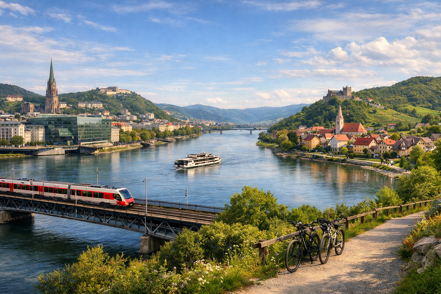 Austria, Linz y el valle del Danubio. Ruta económica por la moderna Linz y pequeñas ciudades del Danubio utilizando trenes regionales y bicicletas.