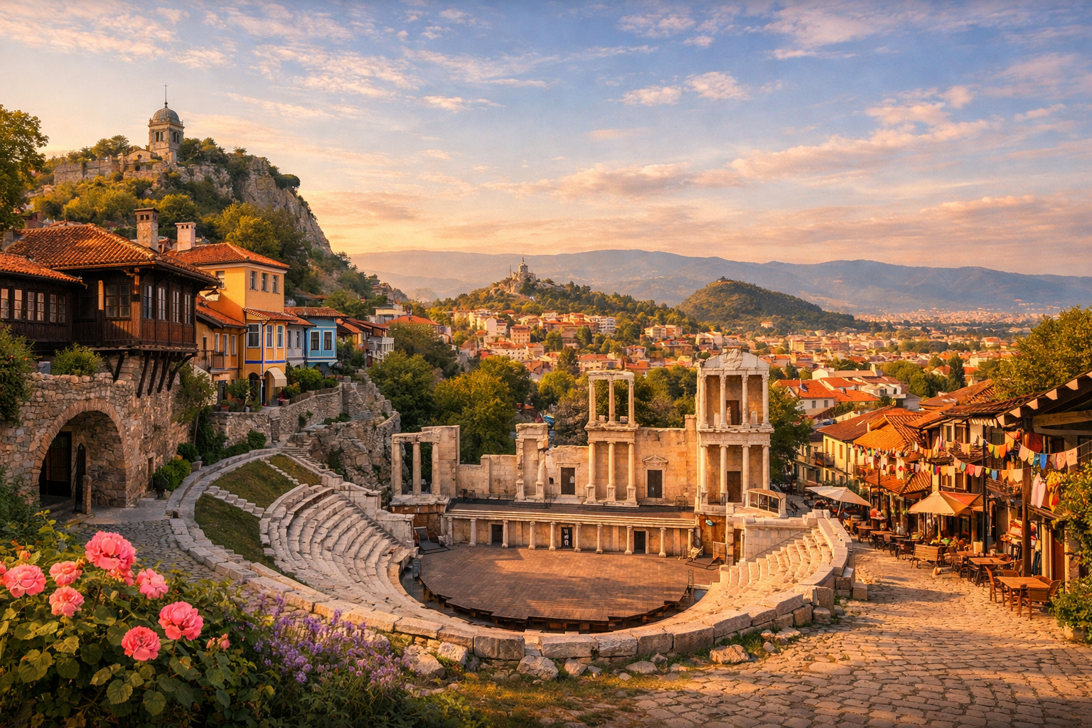 Bulgarien, Plowdiw. Preiswerte Reise durch die Altstadt, das römische Theater, das kreative Viertel Kapana und die nahegelegenen Weinbaugebiete. Saison: April - Oktober.