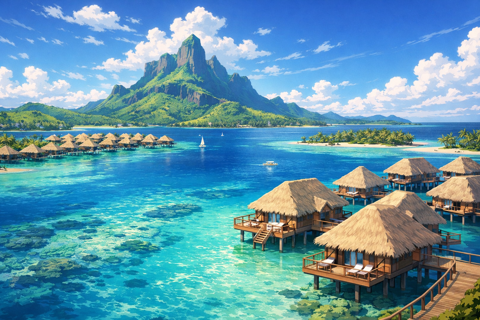 Bora Bora - Lagoons and bungalows in the ocean