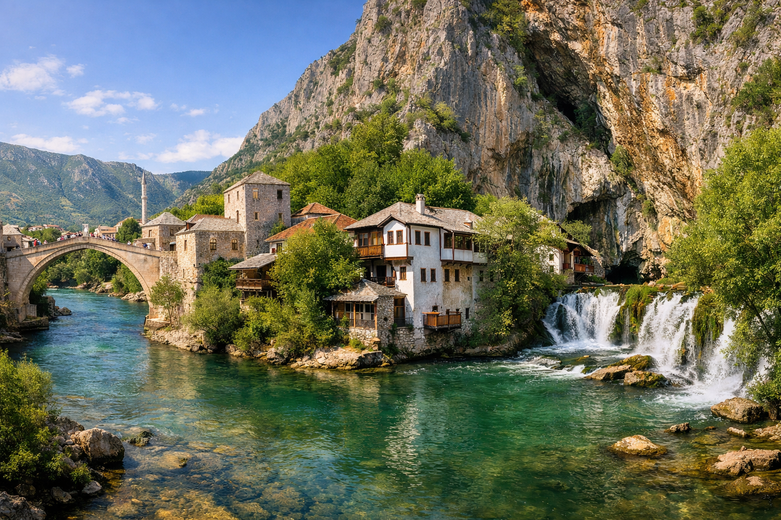 Bosnien und Herzegowina, Mostar und Blagaj. Günstige Reise zur Alten Brücke, zum Kloster an der Quelle des Flusses Buna und zu den Kravica-Wasserfällen mit Busfahrten. Schwierigkeit: leicht. Saison: April - Juni, September - Oktober.