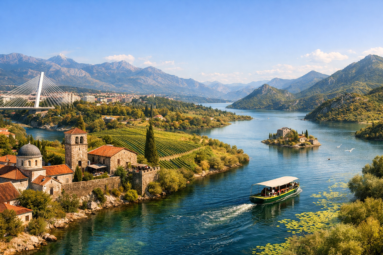 Monténégro, Podgorica et le lac de Skadar. Un voyage abordable à travers la capitale, les environs viticoles et le plus grand lac des Balkans avec des trajets en bus et une promenade en bateau. Saison: avril - juin, septembre - octobre.