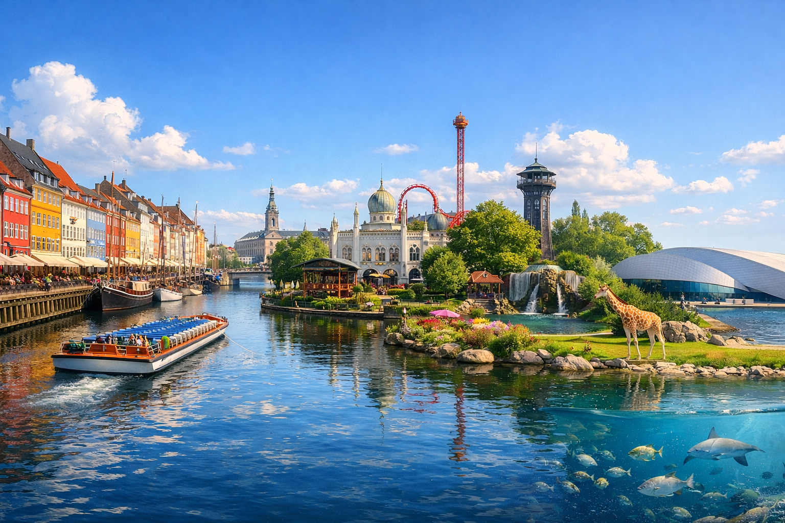 Dänemark, Kopenhagen. Ruhiges Kennenlernen der Stadt: die Uferpromenade Nyhavn, eine Bootsfahrt, die Tivoli-Gärten, der Kopenhagener Zoo und das Aquarium Den Blå Planet; die Route ist für einen Kinderwagen geeignet und sieht eine Ruhepause am Tag vor.