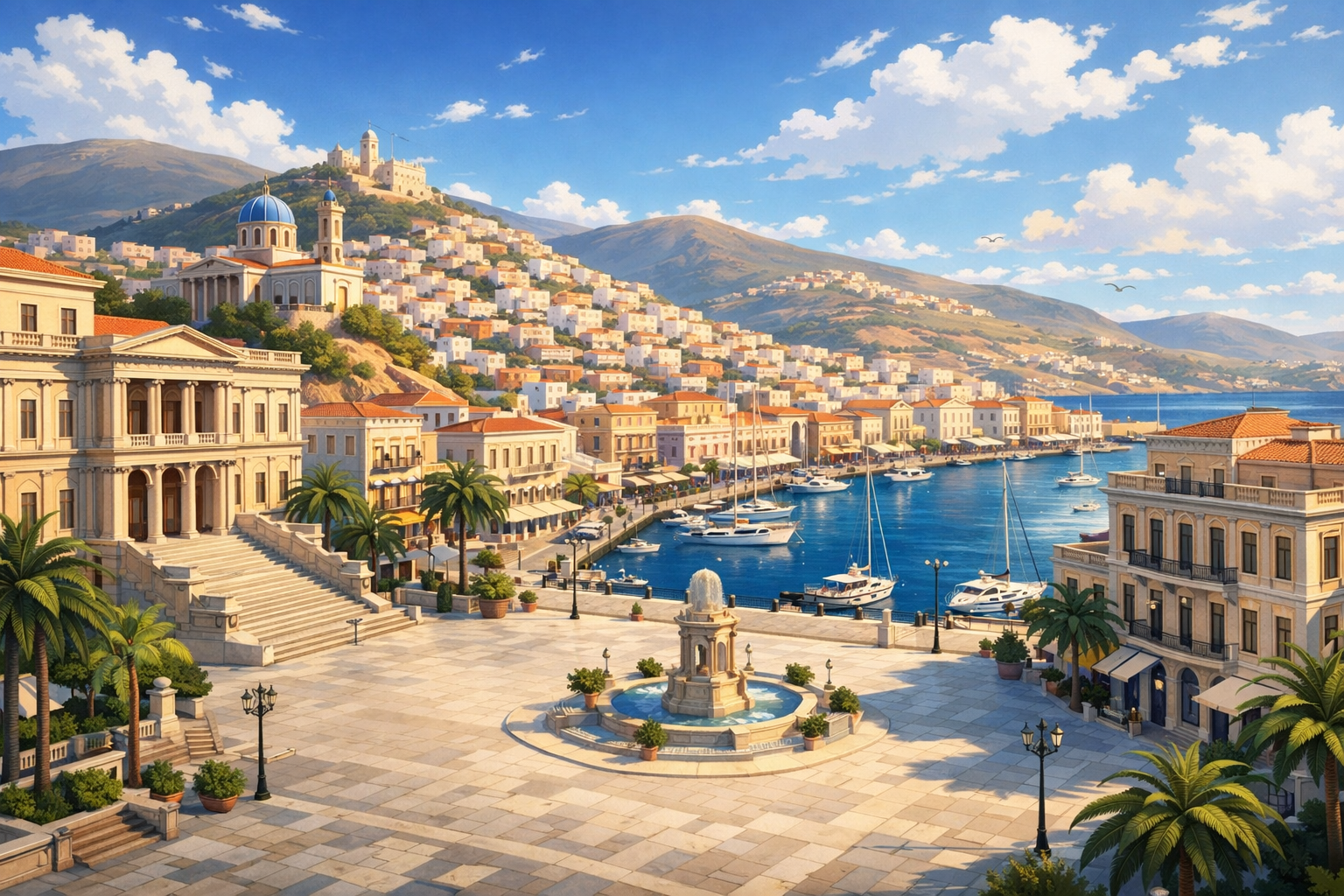 Ermoupoli, Syros - Neoclassical city, Miaouli Square, port, island urban style