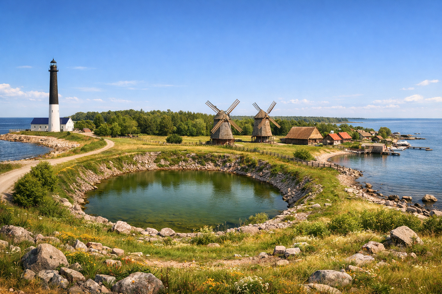 Estland, Insel Saaremaa. Eine günstige Naturroute zu Leuchttürmen, Windmühlen, einem Meteoritenkrater und Küstendörfern; am besten reist man mit dem Auto oder Fahrrad. Saison: Mai - September.