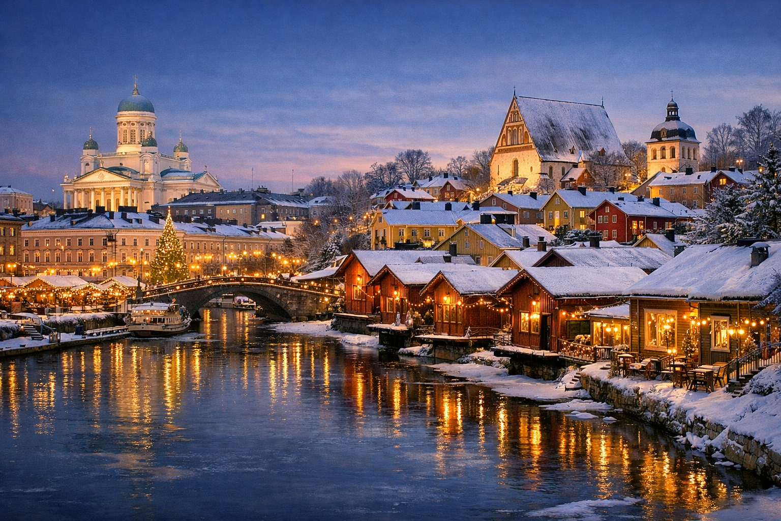 Finnland, Helsinki und Porvoo. Eine Weihnachtsreise durch die festliche Hauptstadt und die märchenhafte Altstadt von Porvoo mit Holzhäusern, Märkten und gemütlichen Cafés.