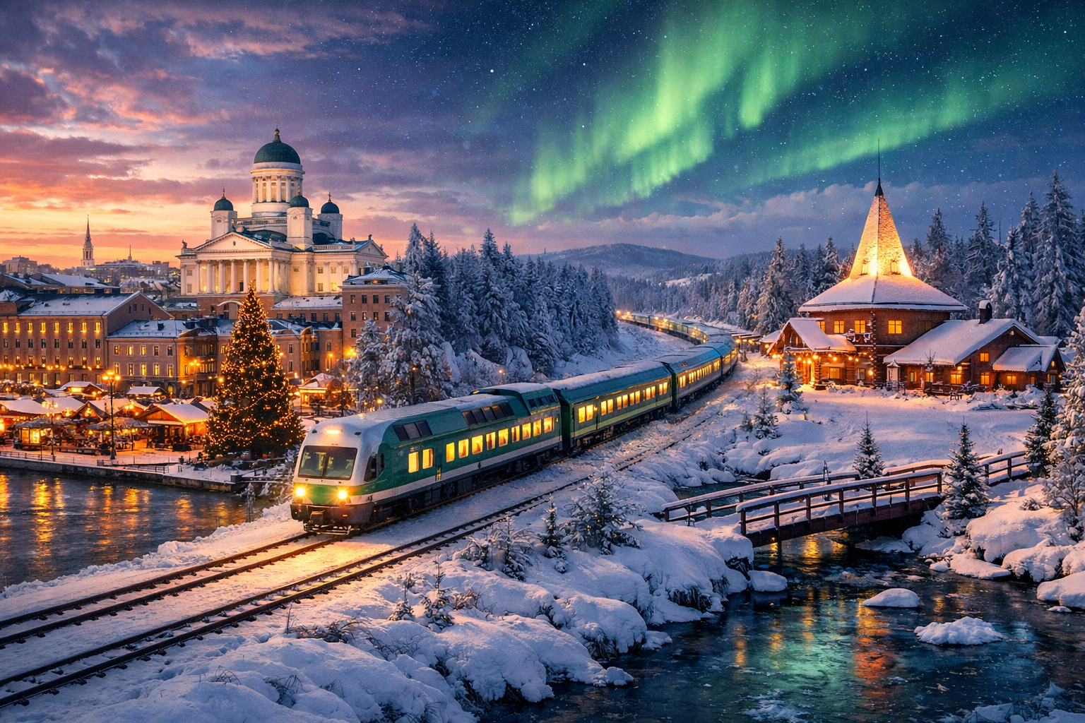 Finnland, Helsinki und Rovaniemi. Reise mit dem Nachtzug „Santa Claus Express“ vom festlichen Helsinki ins verschneite Lappland mit Besuch des Weihnachtsmanndorfs.