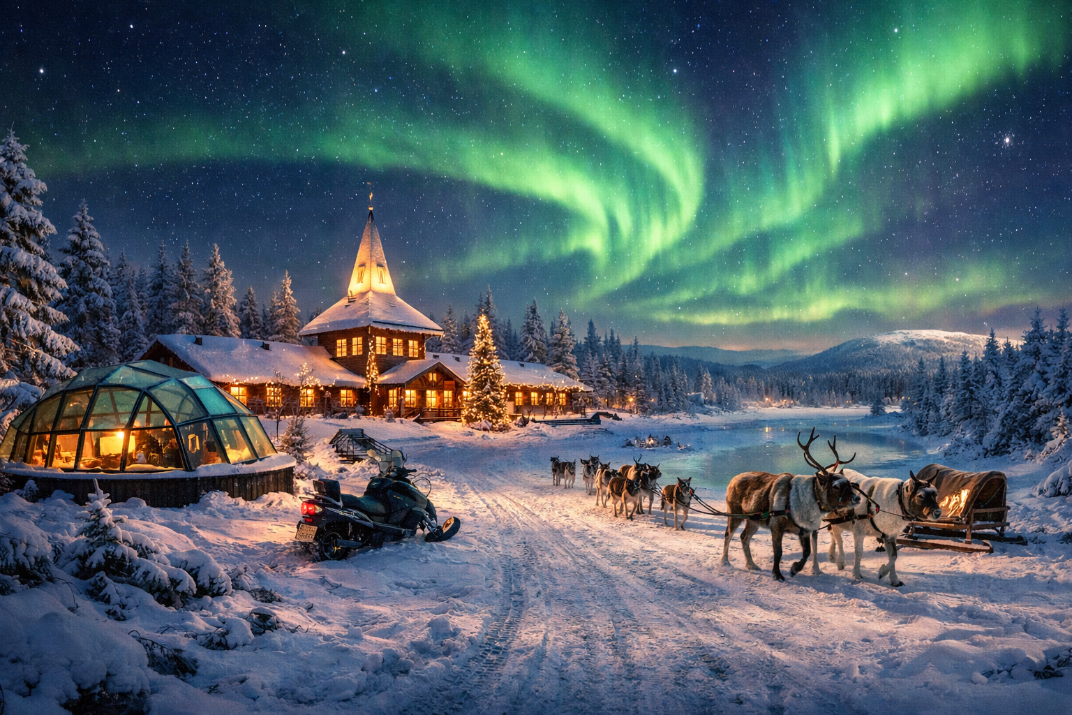 Finnland, Lappland. Große Weihnachtsreise zum Weihnachtsmann mit Übernachtung in einem Glas-Iglu, Schneemobil-Safari, Huskys, Rentieren und der Jagd nach dem Nordlicht.