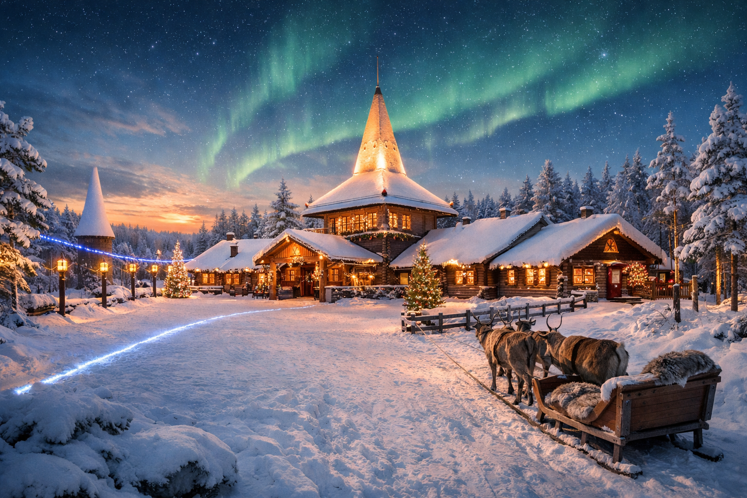 Finlandia, Laponia. Viaje familiar a Rovaniemi con Santa Claus: la Aldea de Santa Claus, cruce del Círculo Polar Ártico, la oficina de correos principal, paseo en trineo de renos y actividades de invierno.