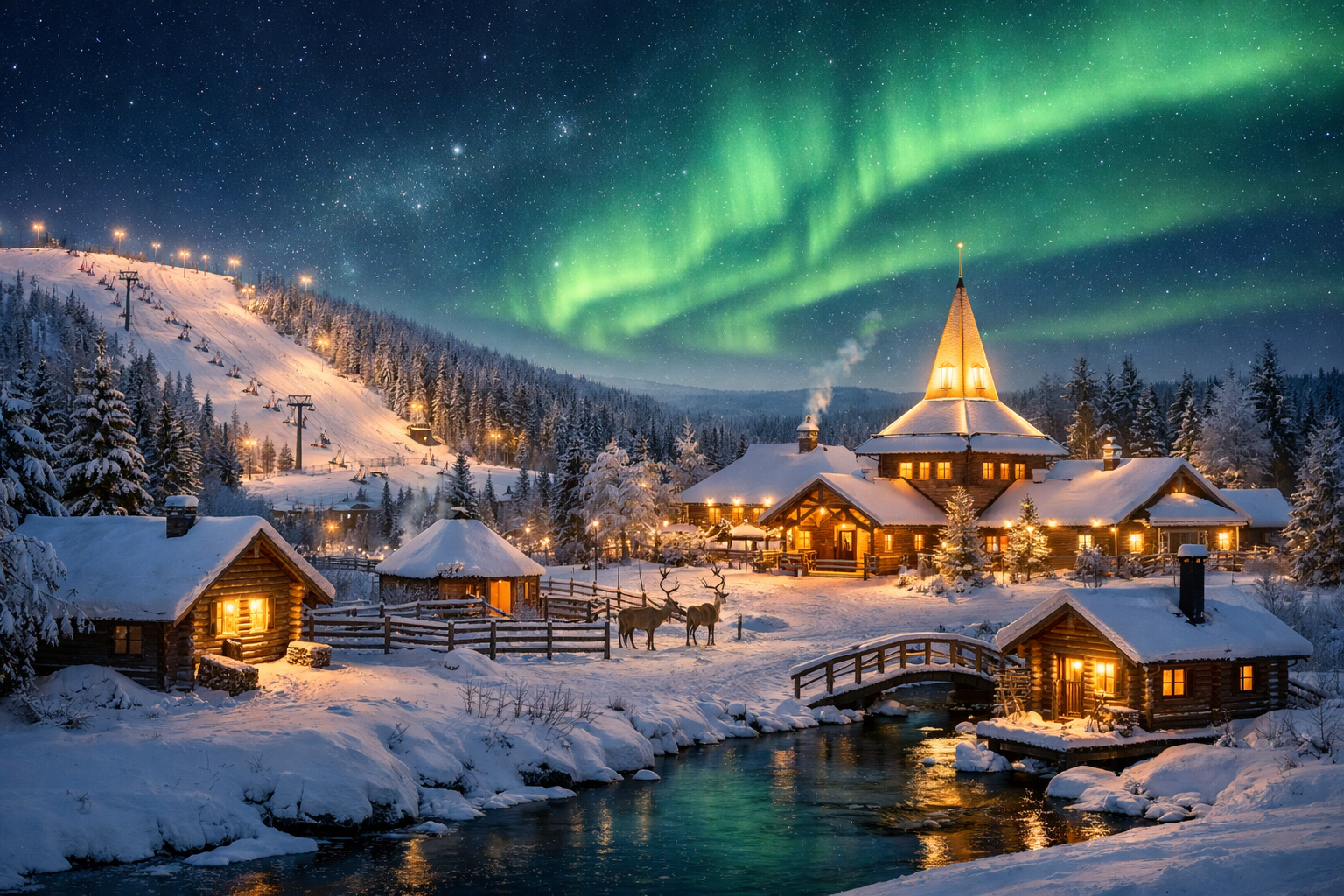 Finnland, Levi und Rovaniemi. Weihnachtsferien in Lappland mit einem Besuch beim Weihnachtsmann, Skifahren, Rentierfarmen, Sauna und Nordlichtern.