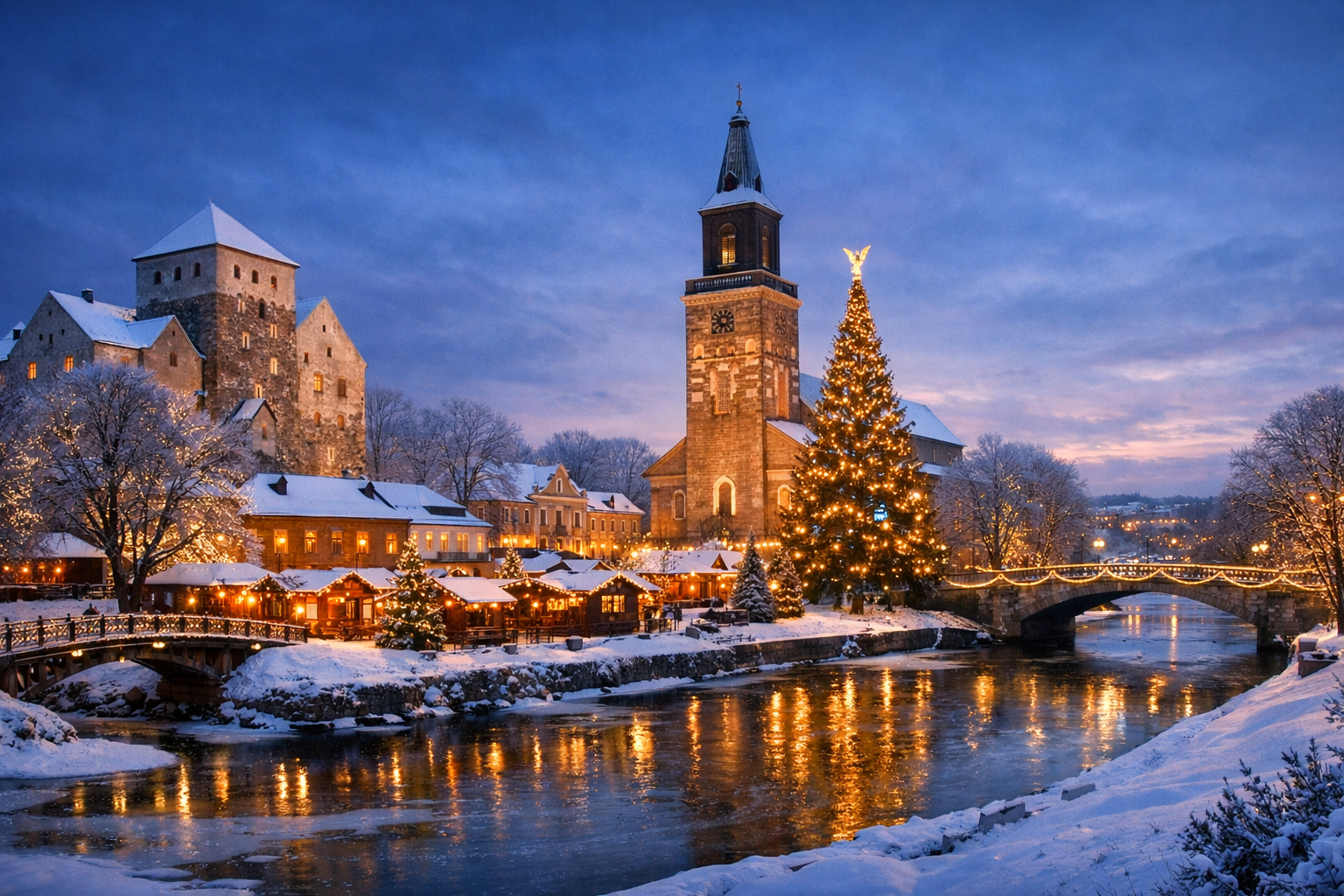Finnland, Turku. Weihnachtsreise in die alte Hauptstadt Finnlands mit Märkten, einer mittelalterlichen Burg, festlicher Beleuchtung und der traditionellen Zeremonie der Verkündung des Weihnachtsfriedens.