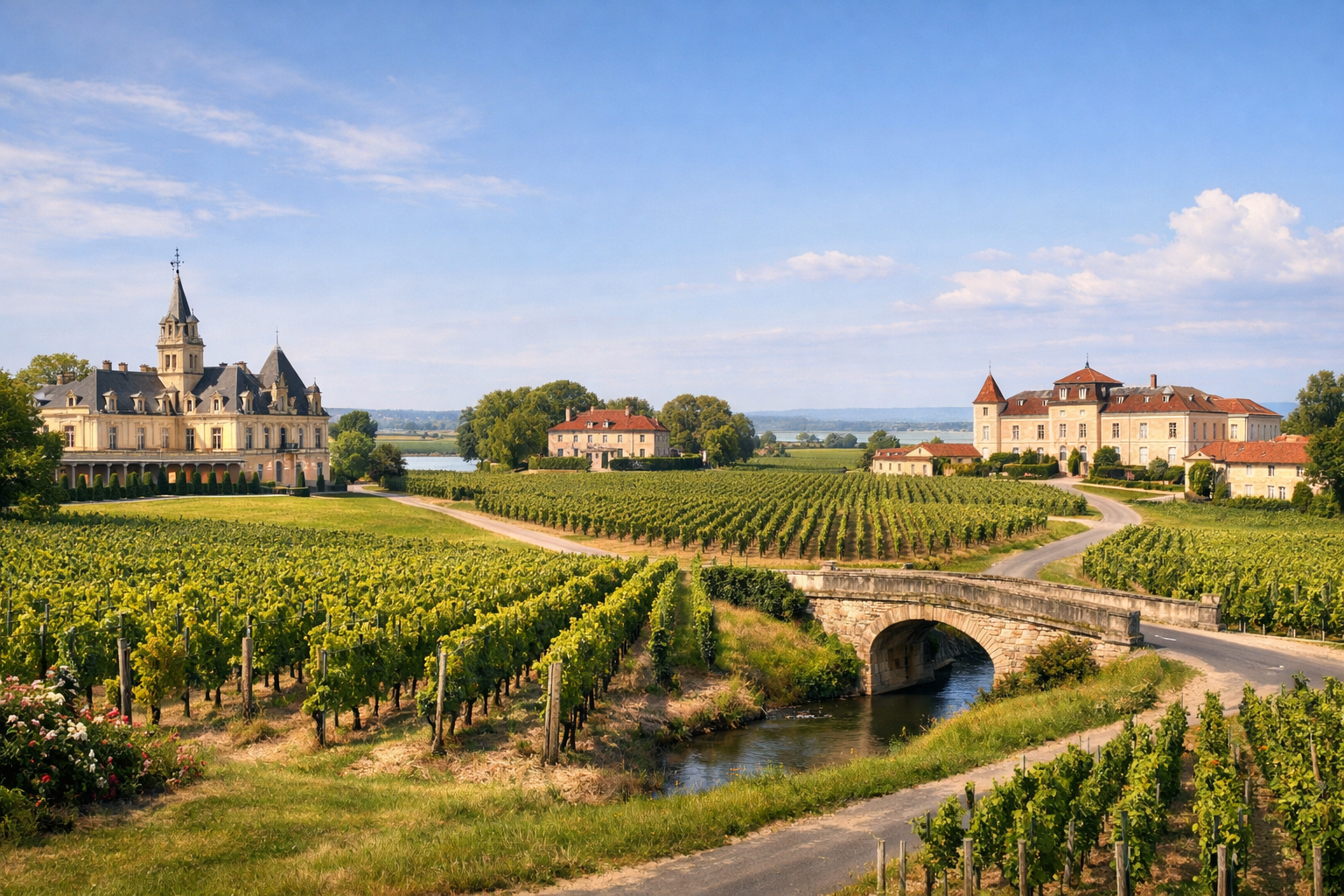 فرنسا، بوردو، ميدوك. رحلة بالسيارة عبر كروم مارغو وبويّاك مع جولات وتذوّق في Château Giscours وChâteau Kirwan وChâteau Lynch-Bages، ونزهات بين الكروم والتعرّف إلى تصنيف نبيذ بوردو.