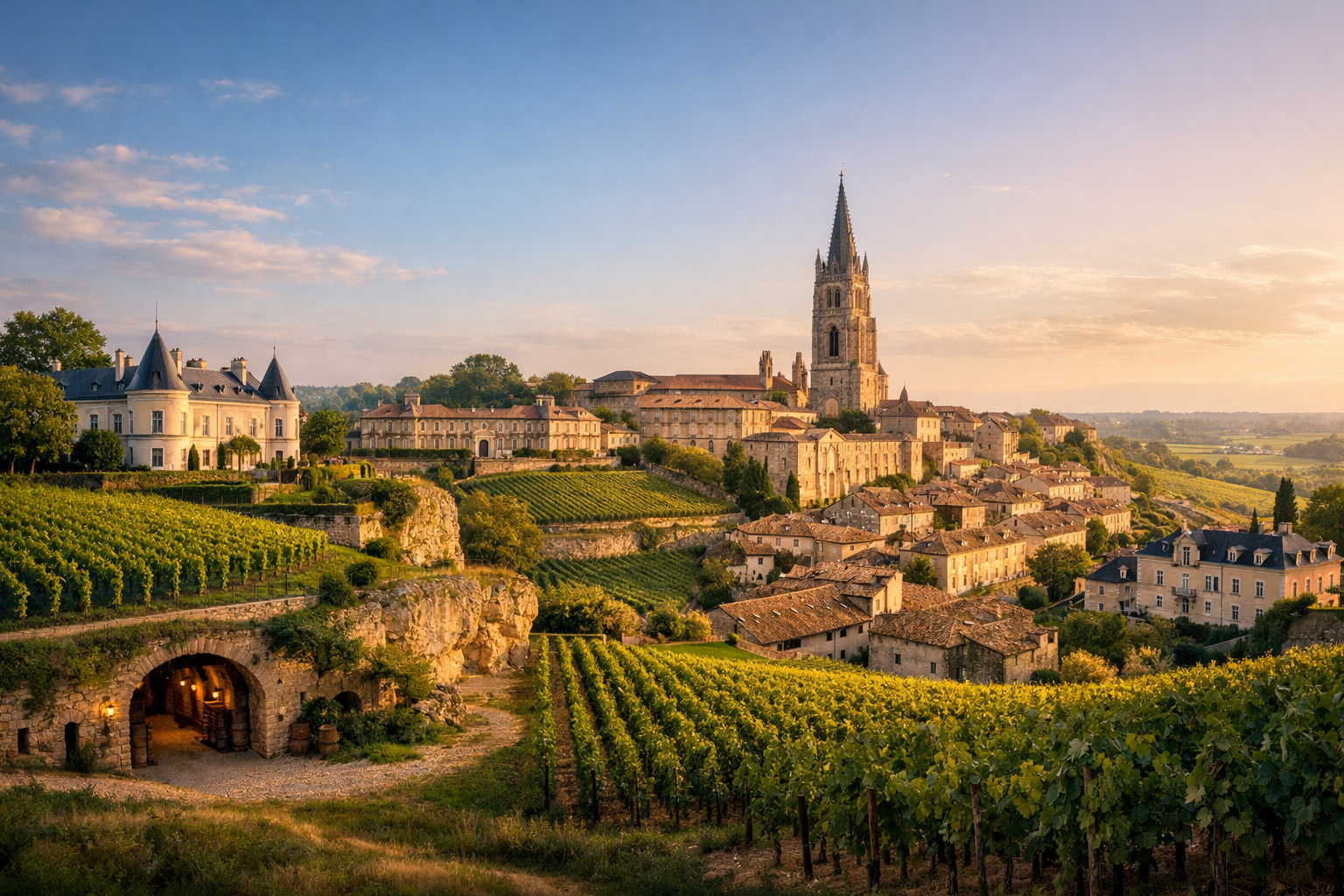 France, Bordeaux, Saint-Émilion. A wine journey through medieval Saint-Émilion with visits to Château La Gaffelière, Château Soutard and Château de Ferrand, underground cellars, vineyards, and the historic city center.