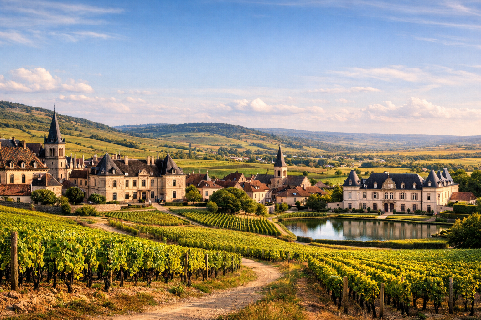 فرنسا، بورغونيا، كوت دو بون. رحلة نبيذ عبر بون، بومار، فولنيه ومورسو مع جولات في Château de Pommard وChâteau de Meursault وMaison Joseph Drouhin، وتذوق Pinot Noir وChardonnay.