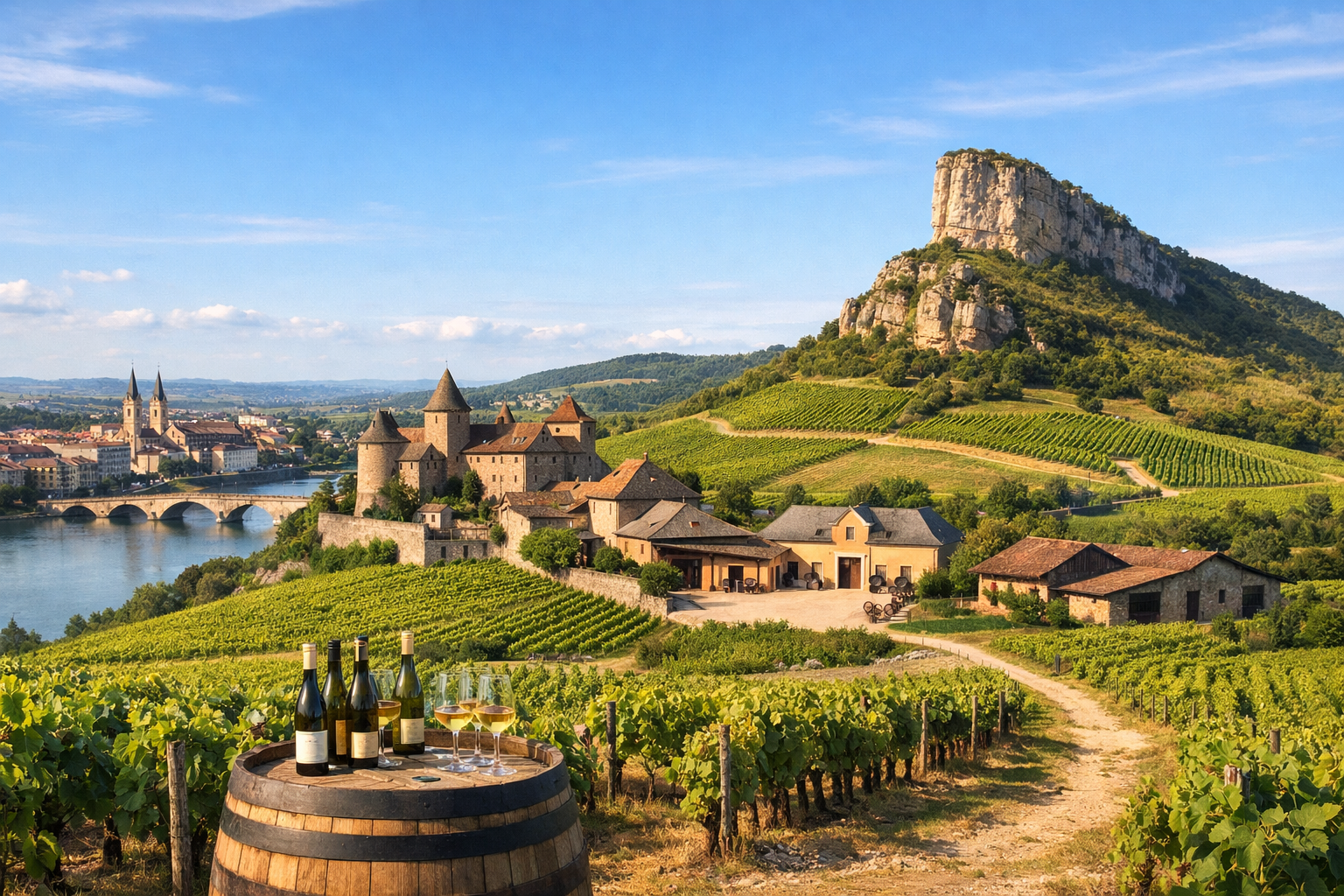 فرنسا، بورغونيا، ماكونيه. رحلة عبر ماكون وبويي-فيوسيه وسولوتري مع زيارة Château de Pierreclos وDomaine Ferret وCave de Lugny، وتذوّق نبيذ بورغونيا الأبيض والتنزه عند صخرة سولوتري.