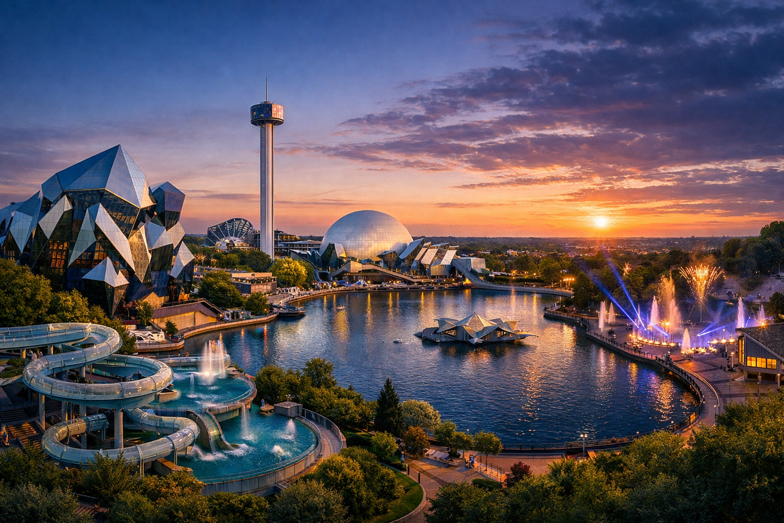 Francia, Futuroscope y Poitiers. Viaje al parque Futuroscope con atracciones multimedia, simuladores, pabellones interactivos, el complejo acuático Aquascope y espectáculos nocturnos.