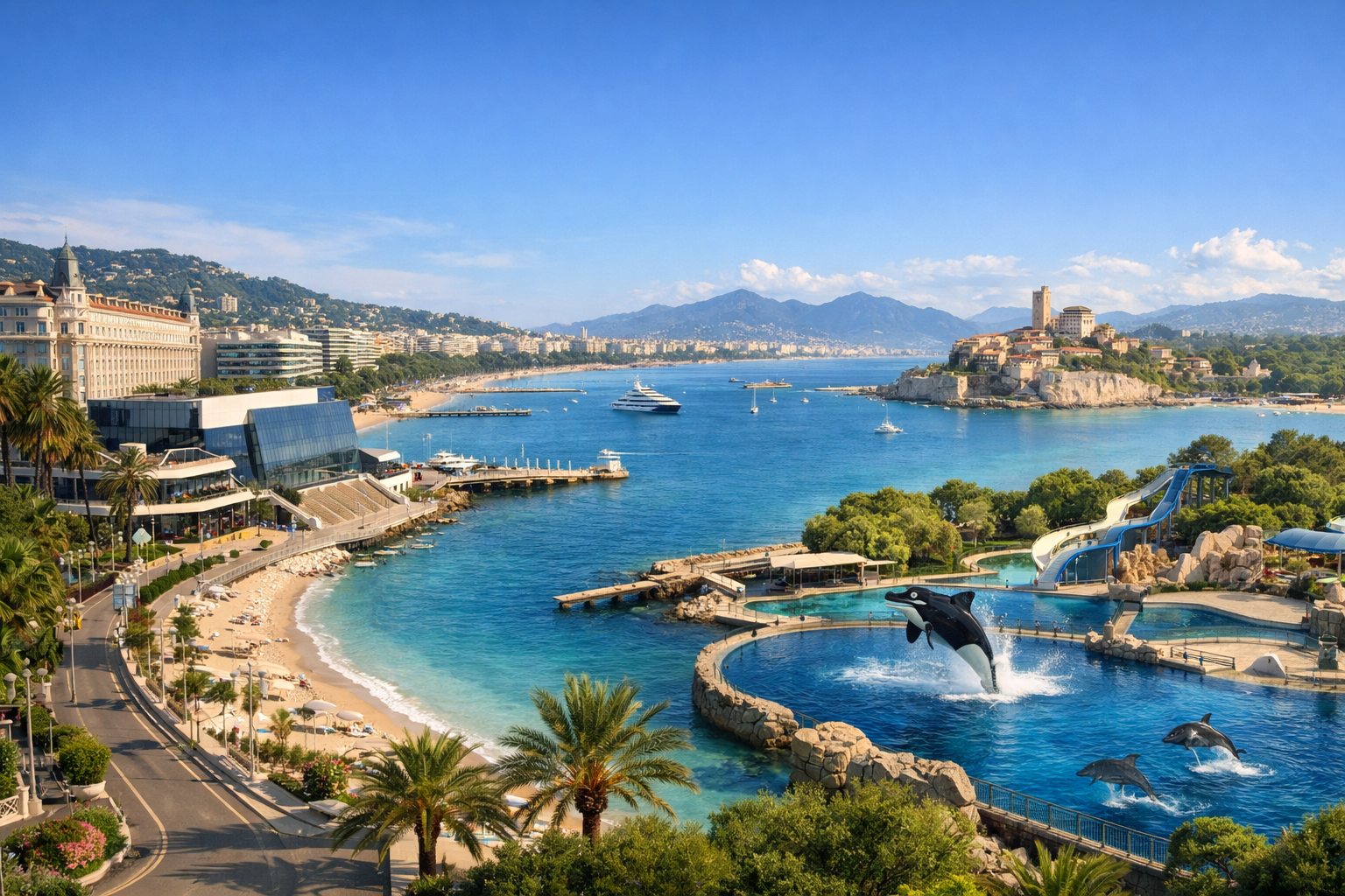 Frankreich, Cannes und Antibes. Unterhaltungstour an der Französischen Riviera mit einem Spaziergang entlang der Croisette, dem Besuch des Festivalpalasts, des Casinos von Cannes und des Meeresparks Marineland in der Gegend von Antibes