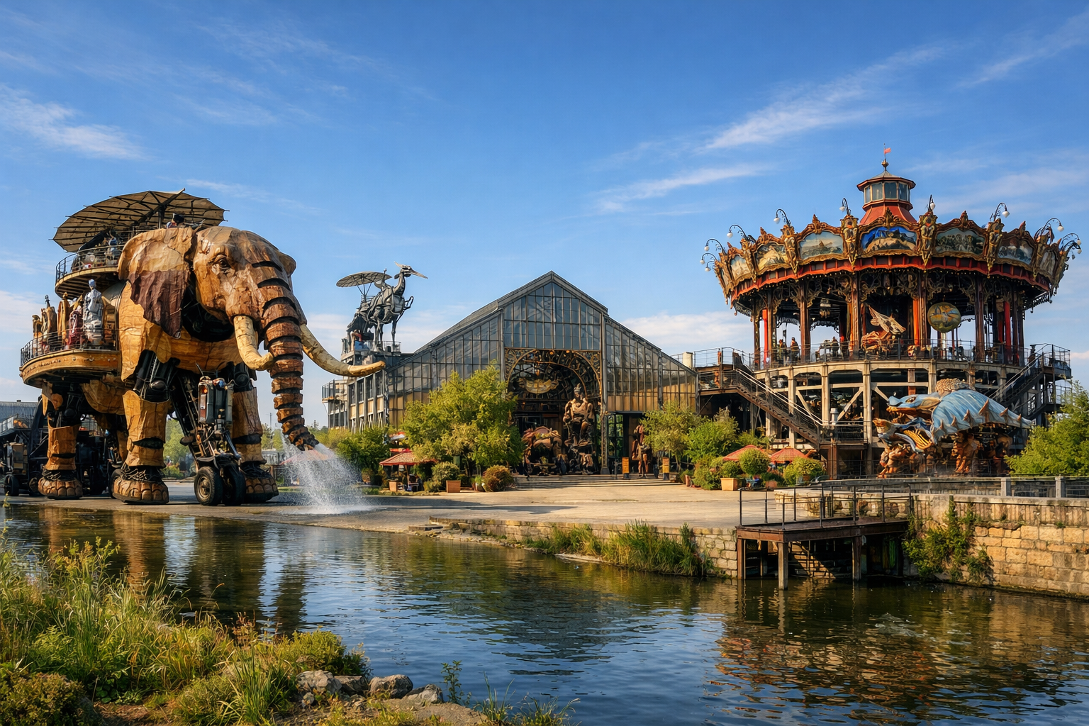 Francia, Nantes. Un viaje de entretenimiento al complejo artístico y de ingeniería Les Machines de l’île con un recorrido en el Gran Elefante mecánico, visita a la Galería de las Máquinas y al carrusel de los mundos marinos.