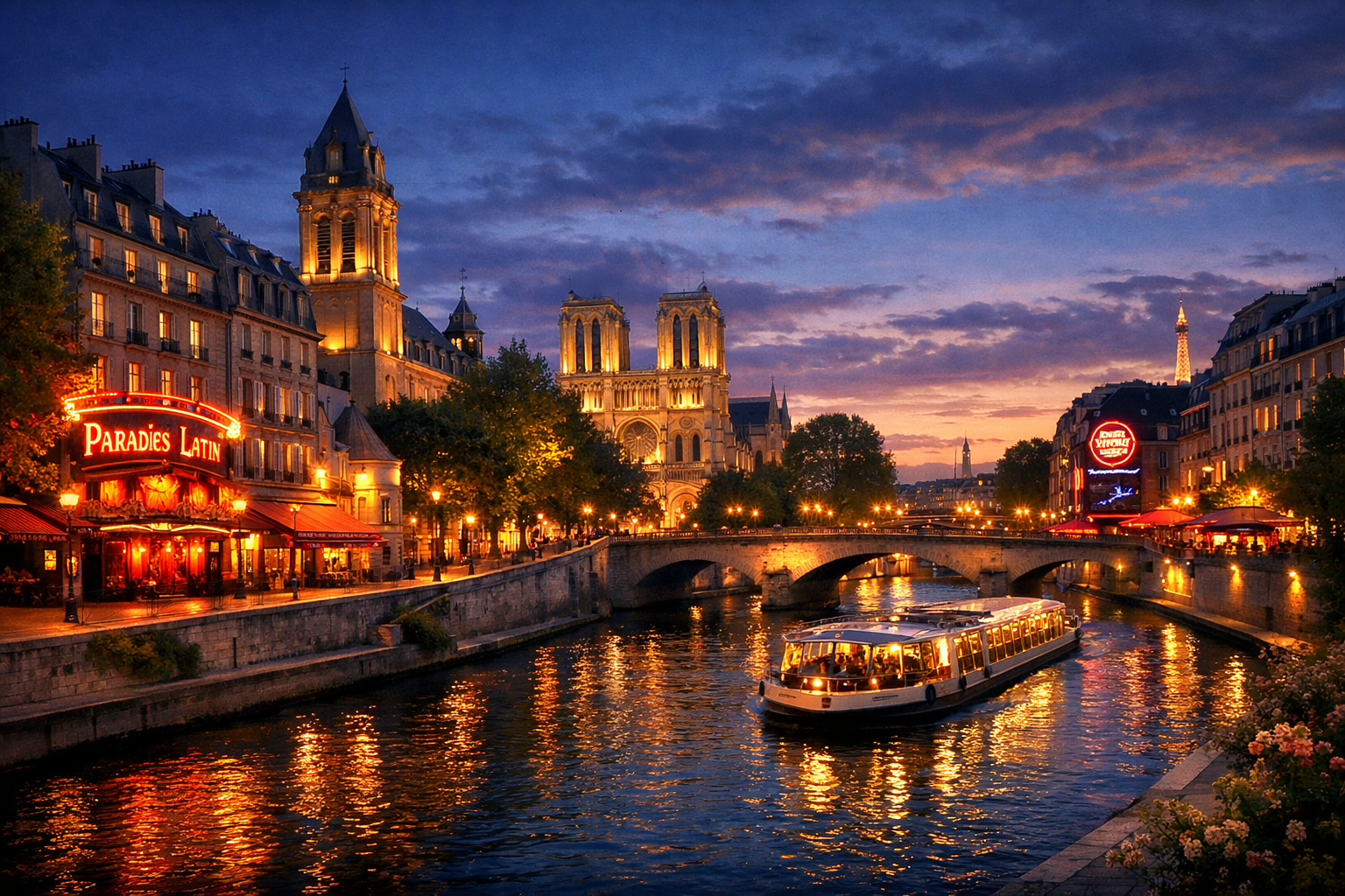 Frankreich, Paris. Elegante Abendtour mit Aufführungen in den historischen Kabaretts Paradis Latin und Crazy Horse, einem Spaziergang durch das Quartier Latin und einer abendlichen Kreuzfahrt auf der Seine.