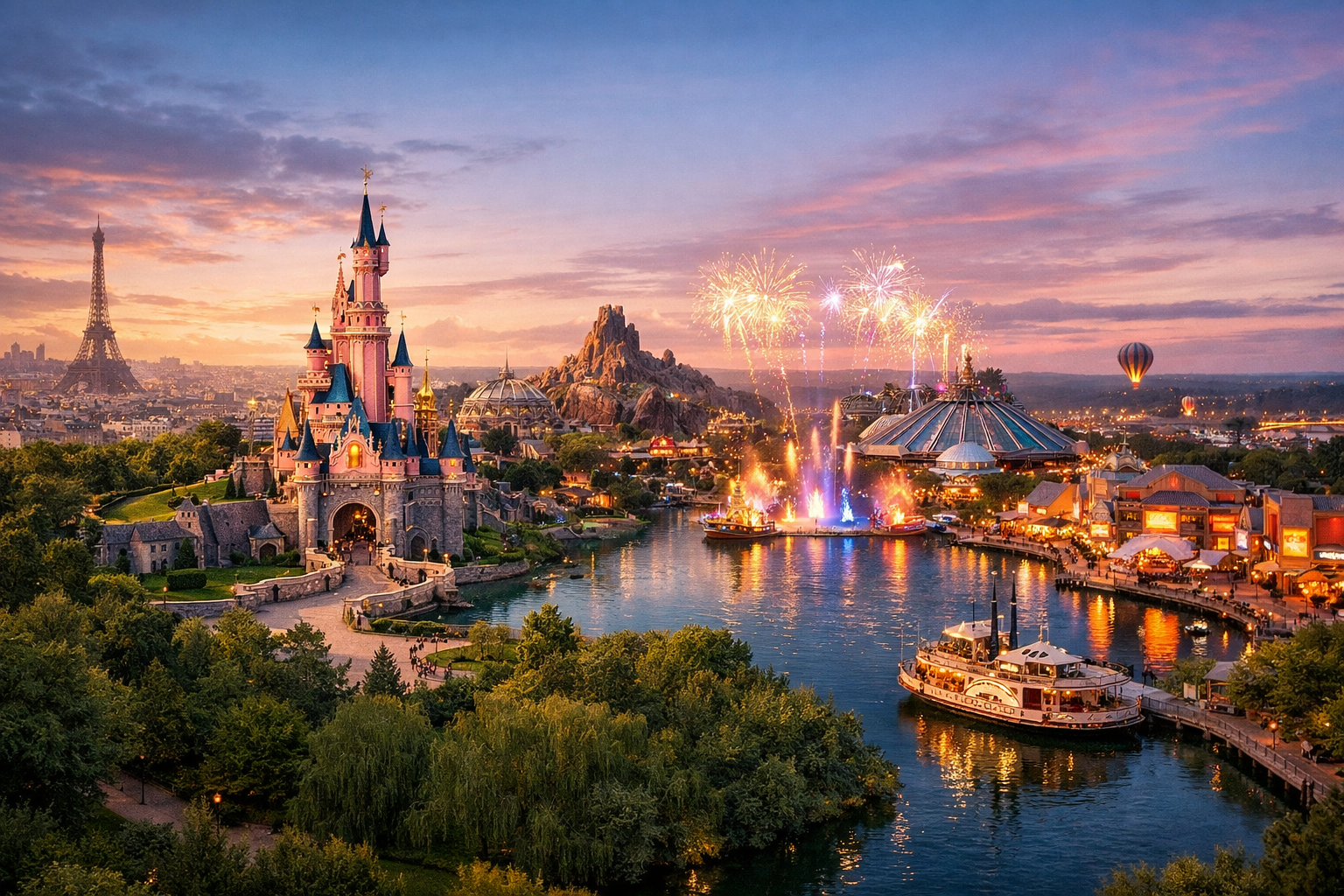 Francia, París y Marne-la-Vallée. Un viaje de entretenimiento a Disneyland Paris con visita a Disneyland Park, Disney Adventure World, espectáculos nocturnos, desfiles y la zona comercial y gastronómica de Disney Village.