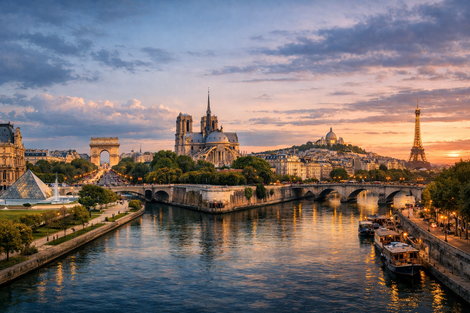 Frankreich, Paris. Ein klassisches Wochenende mit einem Spaziergang vom Louvre durch den Tuileriengarten und über die Champs-Élysées zum Triumphbogen, mit einem Besuch der Île de la Cité, von Montmartre und der abendlichen Uferpromenade an der Seine.
