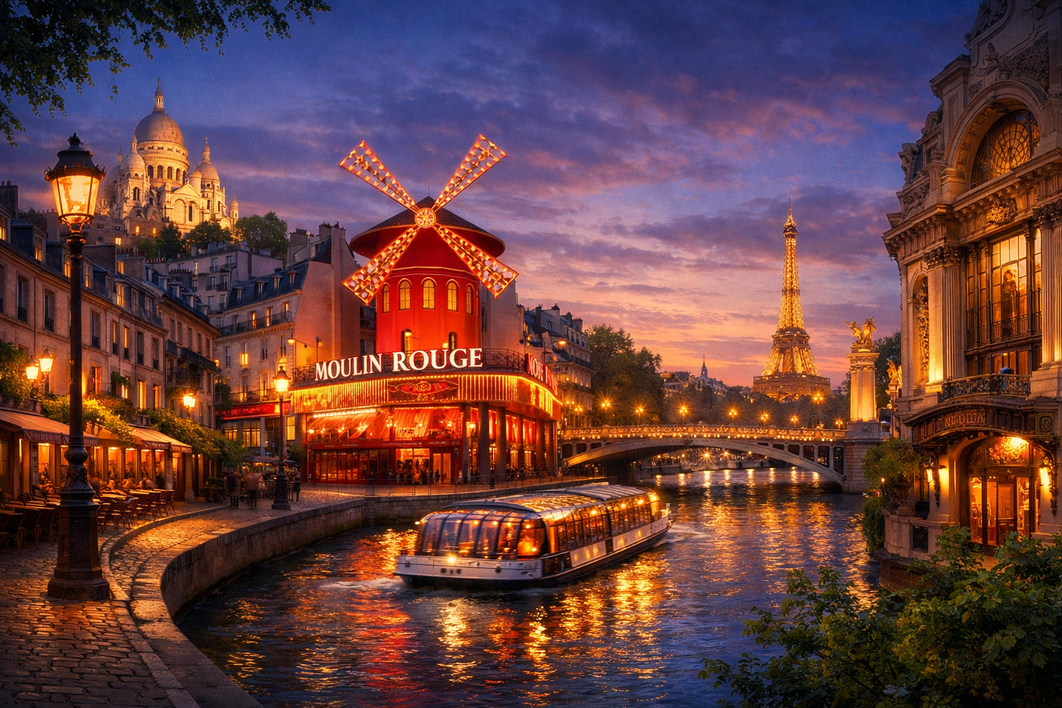 Frankreich, Paris. Eine Theater- und Unterhaltungsreise mit einer Abendvorstellung im legendären Kabarett Moulin Rouge, einem Spaziergang durch Montmartre, einer Kreuzfahrt auf der Seine und dem Besuch des Wachsfigurenmuseums Musée Grévin.