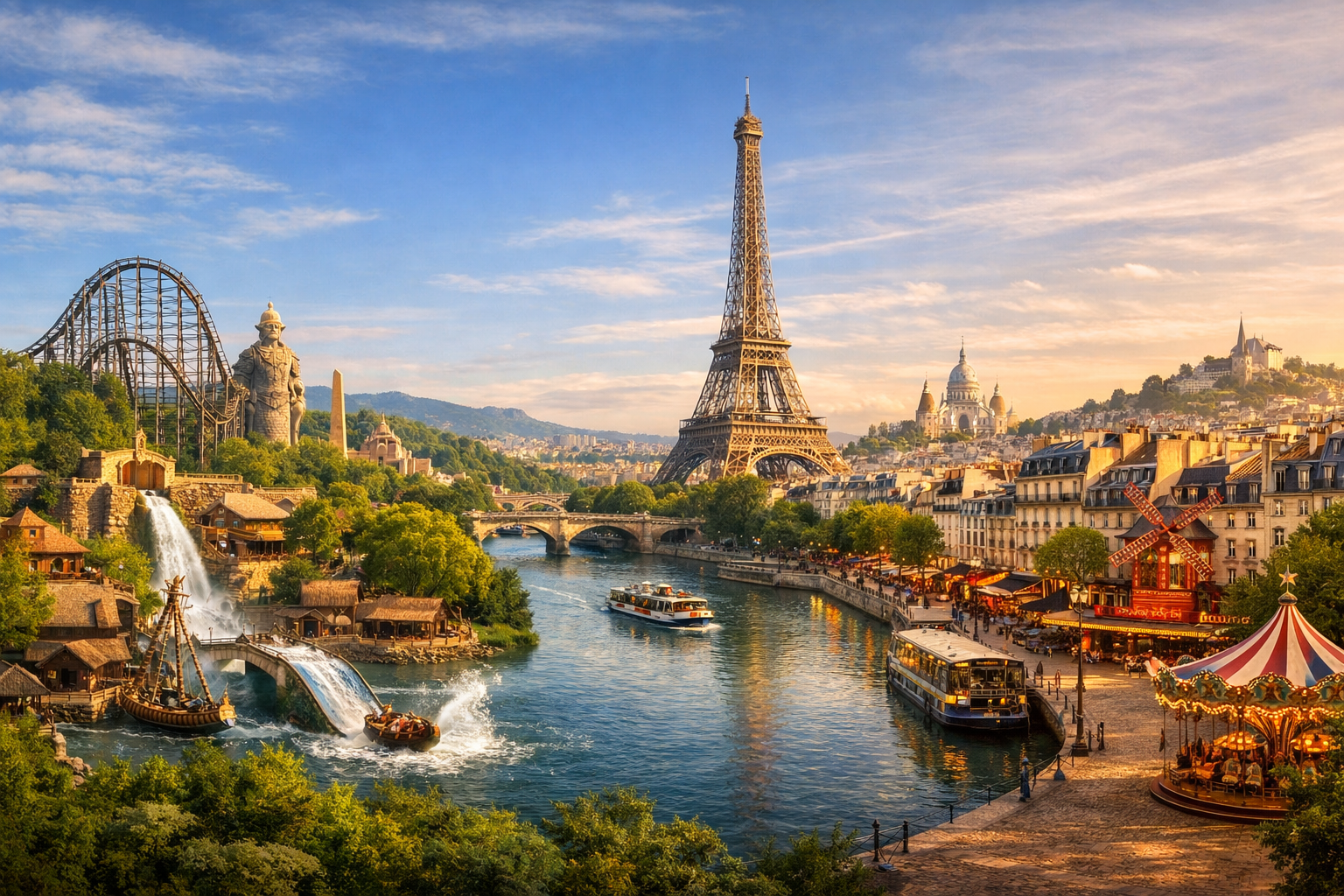 Francia, Plailly y París. Viaje familiar a Parc Astérix con montañas rusas, zonas temáticas, atracciones acuáticas y un día adicional en los barrios de ocio de París.