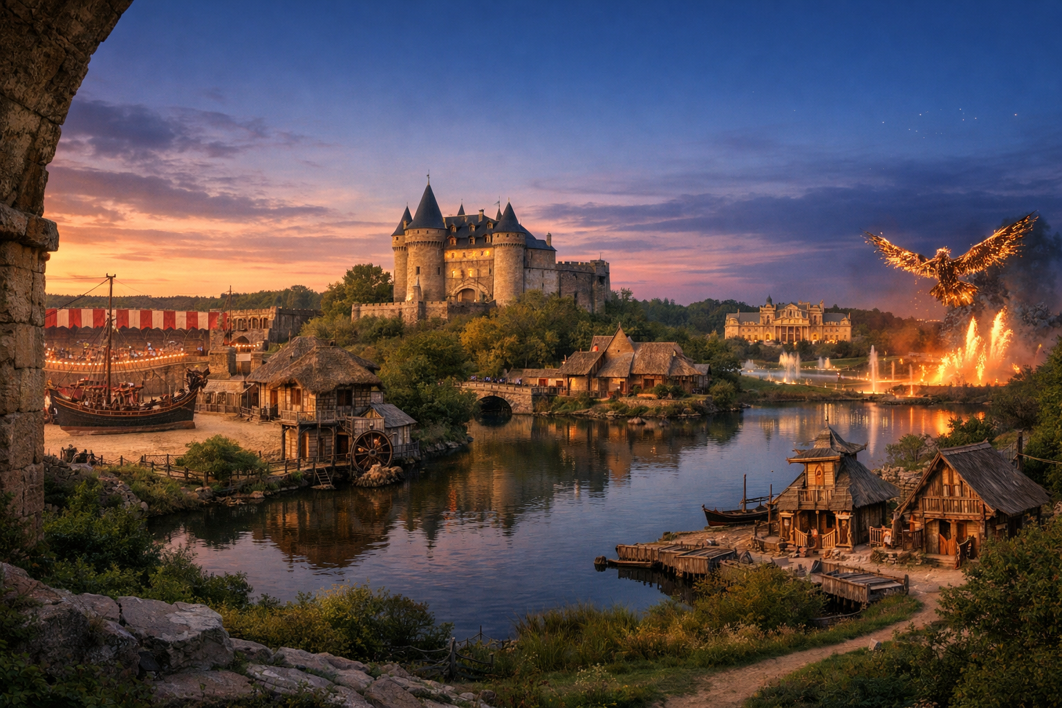 Francia, Puy du Fou. Viaje al parque temático histórico Puy du Fou con espectáculos a gran escala, montajes de especialistas, recreaciones de distintas épocas y espectáculo nocturno.