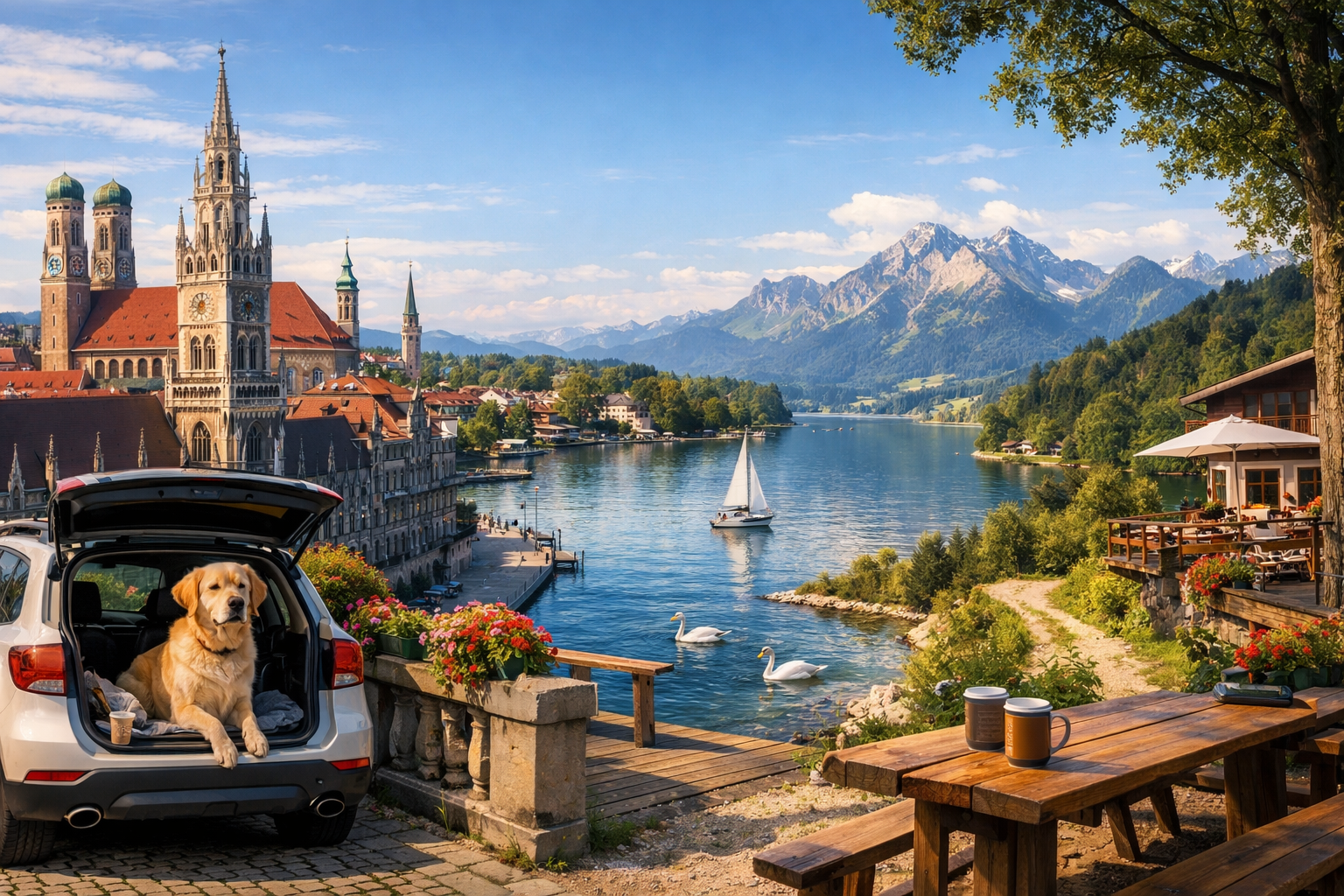 Deutschland, Bayern. Autoreise mit Haustier durch München, den Starnberger See und das Alpenvorland mit Spaziergängen entlang der Uferpromenaden, Waldwege und offenen Terrassen