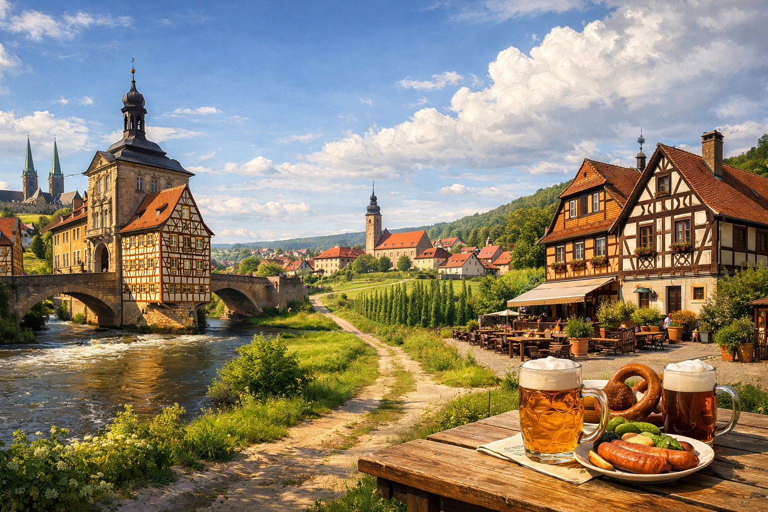 ألمانيا، فرانكونيا. مسار بيرة بامبرغ — ميملسدورف مع زيارة Brauerei-Gasthof Drei Kronen وBrauerei-Gasthof Höhn، وتذوق بيرة فرانكونية ريفية.