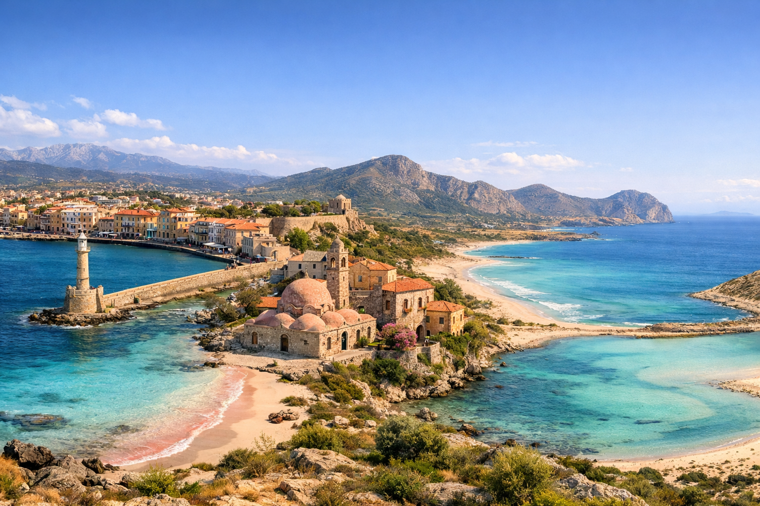 Griechenland, Insel Kreta. Strandreise durch Chania mit Erholung an den Stränden Elafonissi, Falassarna und Balos, Spaziergängen durch die Altstadt und Fahrten entlang der Westküste.