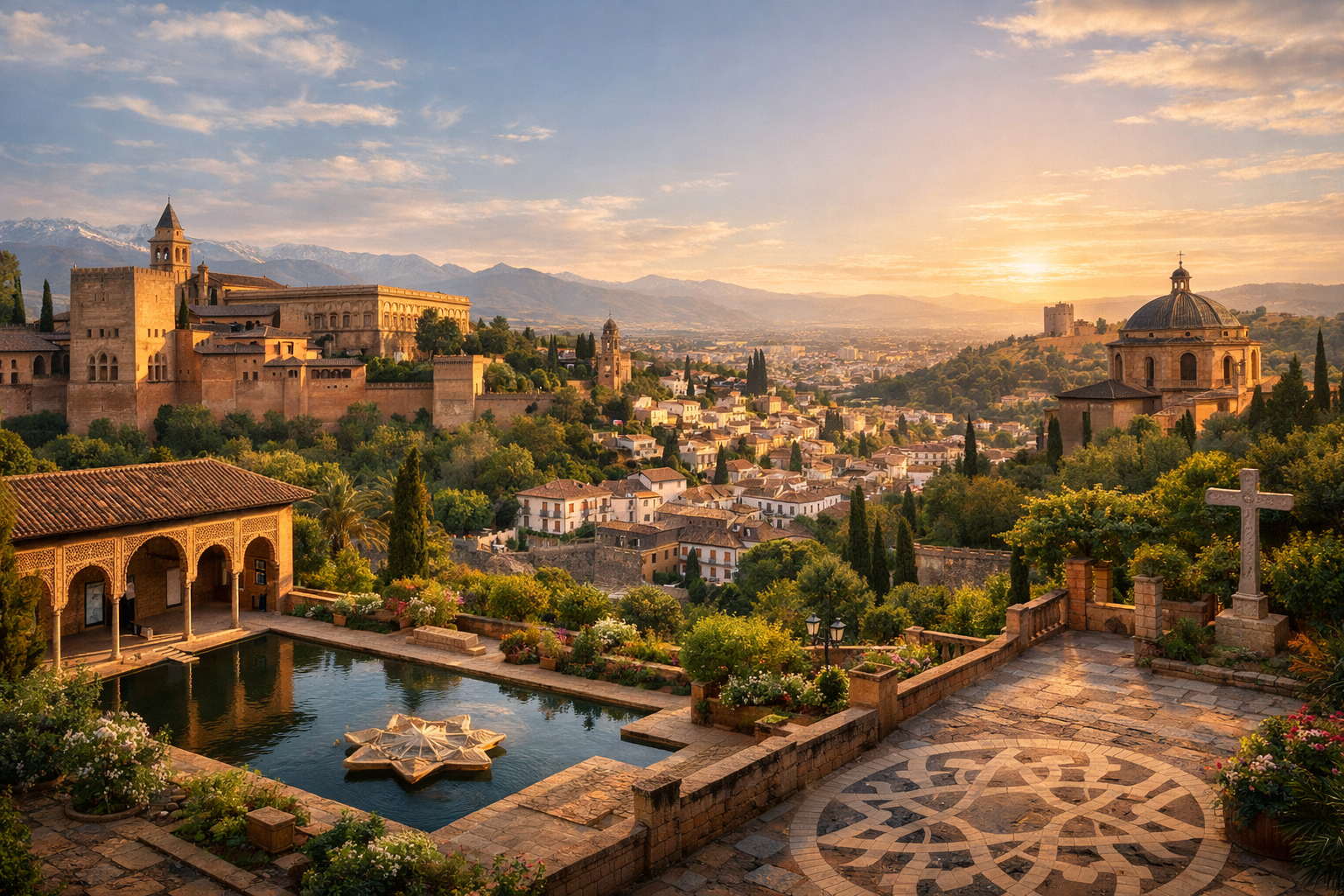 España, Andalucía. La Alhambra y la simbología de Oriente y Occidente. Granada, los palacios de la Alhambra, los jardines y los barrios históricos en un viaje sobre geometría, simbología arquitectónica y encuentro de culturas.