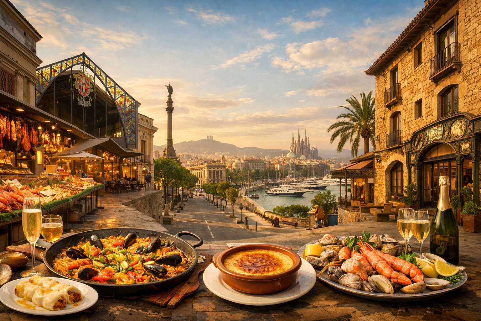 Spanien, Barcelona. Eine Reise durch die katalanische Küche mit dem Markt La Boqueria, den Restaurants 7 Portes und Can Culleretes sowie der Konditorei Escribà: Paella, Cannelloni, Crema Catalana, Meeresfrüchte und Cava.
