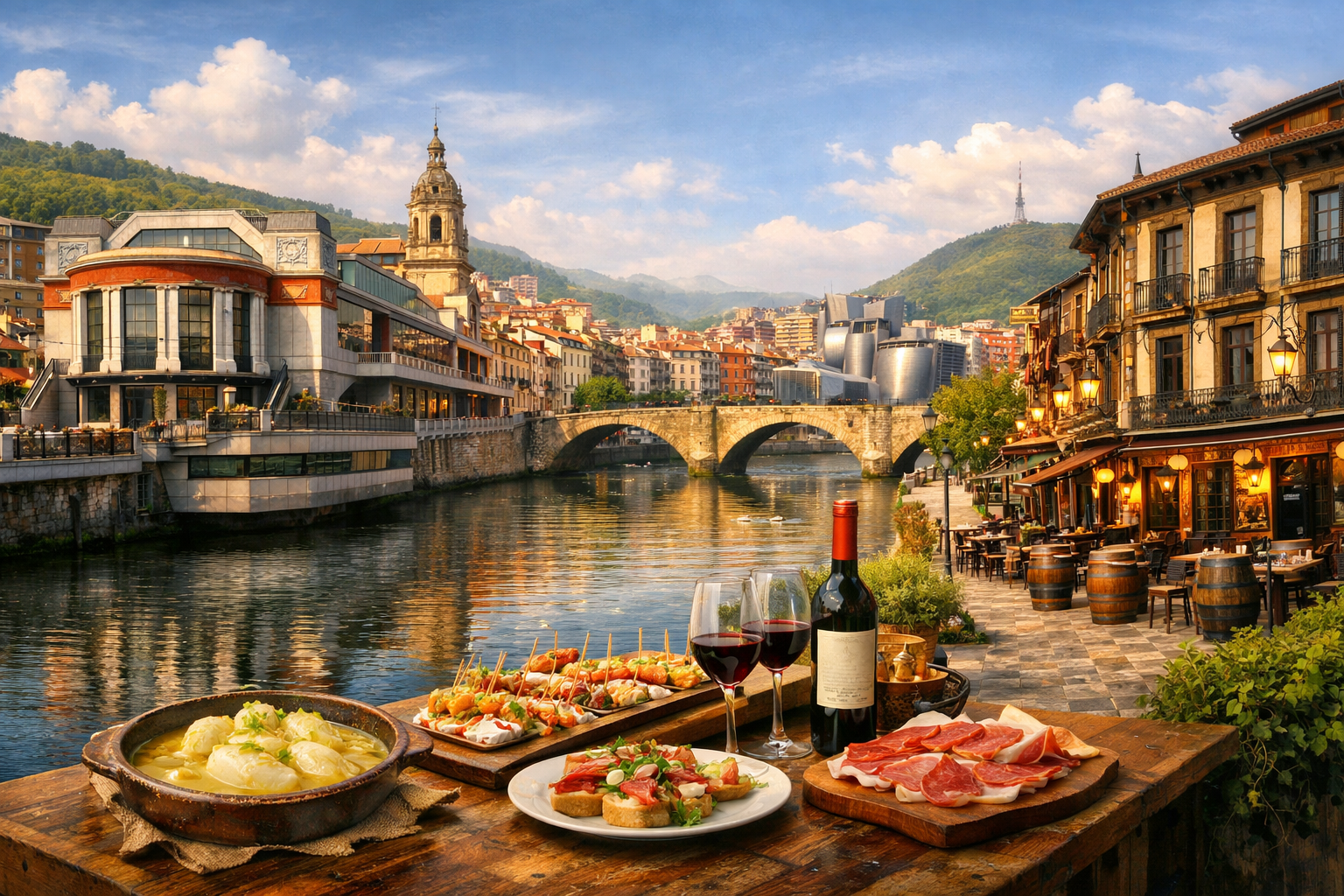 Spanien, Bilbao. Eine Reise durch die baskische Küche über den Mercado de la Ribera, das Café Iruña, Víctor Montes und La Viña del Ensanche: Bacalao al pil-pil, Pintxos, Jamón und Weine aus Rioja Alavesa.