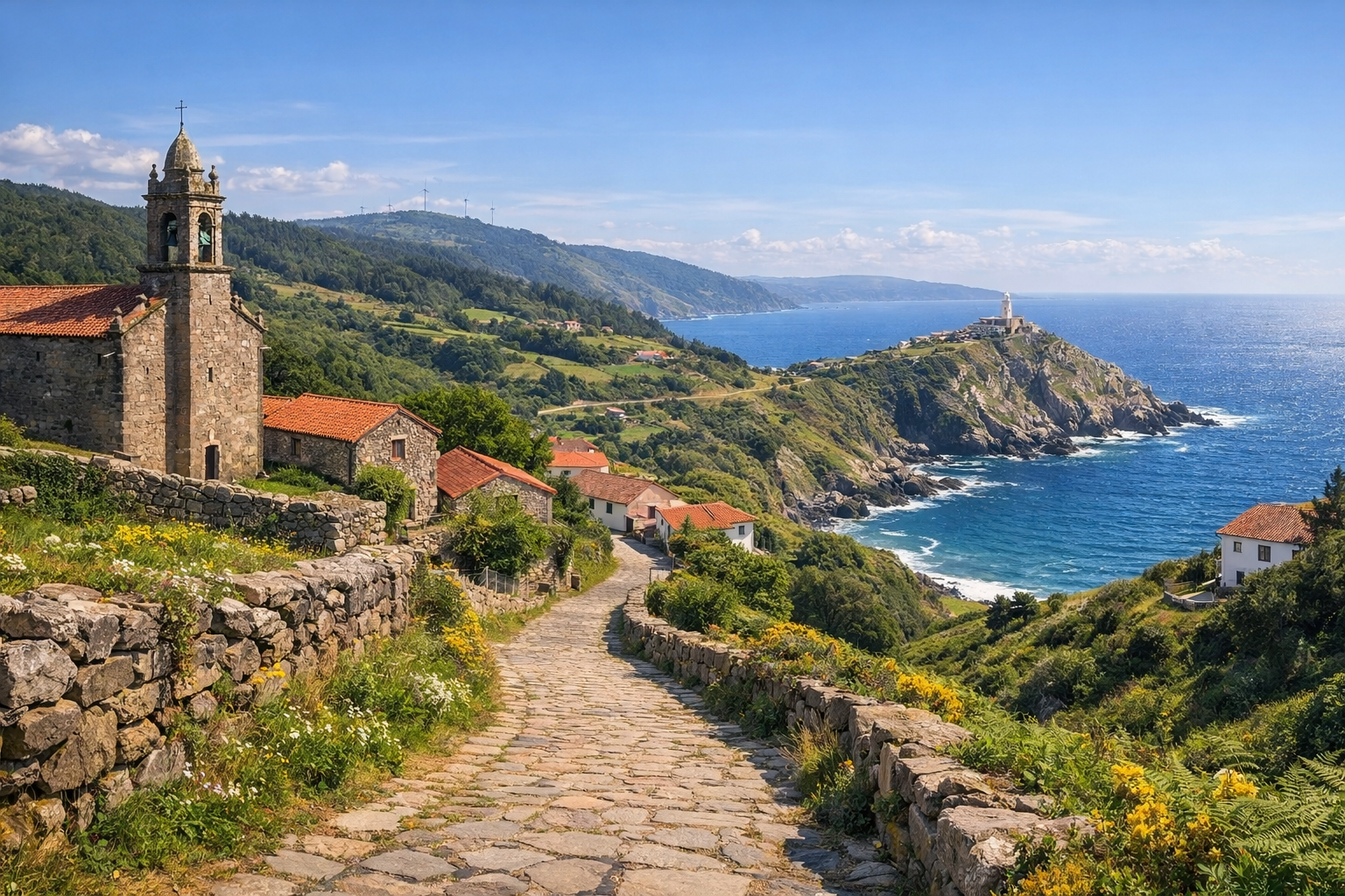 España, Galicia. Santiago — Fisterra: camino hacia el océano. Continuación de la ruta de peregrinación a través de la verde Galicia hasta el océano Atlántico