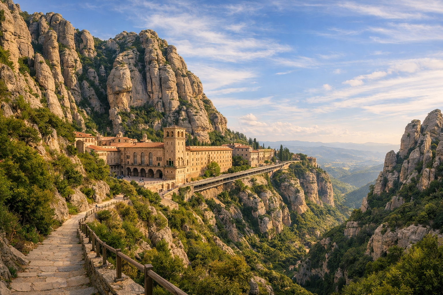 España, Cataluña. Montserrat: montañas y monasterio. Rocas caprichosas, un monasterio y senderos para caminar para viajeros que buscan una combinación de ambiente espiritual, naturaleza y tranquilidad.
