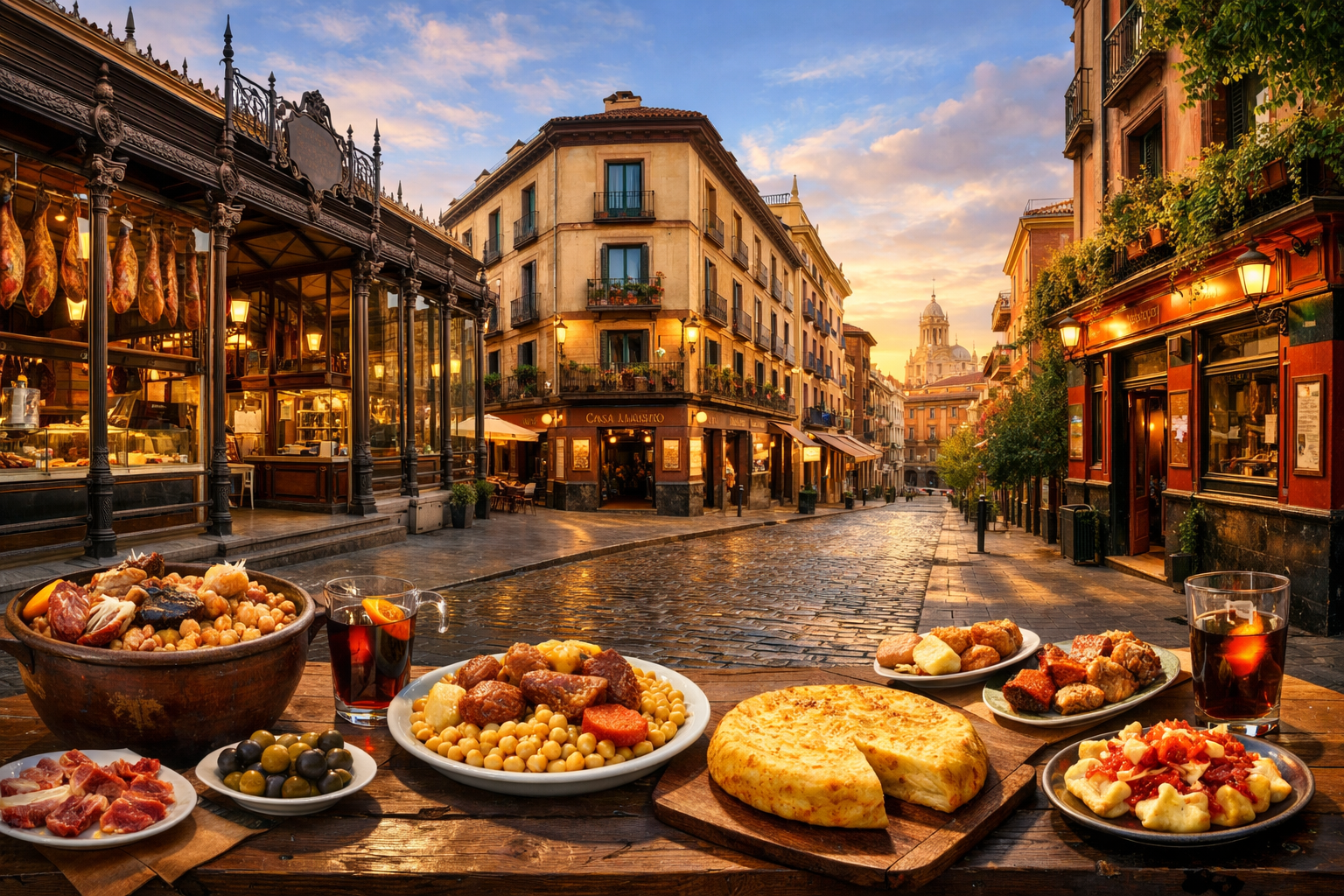 Spanien, Madrid. Ein gastronomischer Spaziergang durch den Mercado de San Miguel, Casa Ciriaco, Malacatín und die Bodega de la Ardosa: Madrider Cocido, Tortilla, Wermut, Jamón und traditionelle Tapas.