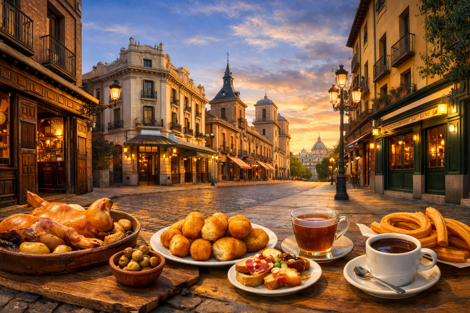 Spanien, Madrid. Route zu den ältesten Restaurants der Hauptstadt mit Besuch von Sobrino de Botín, Lhardy, Casa Labra und Chocolatería San Ginés: Spanferkel, Kabeljaukroketten, Consommé, Tapas und Churros mit Schokolade.