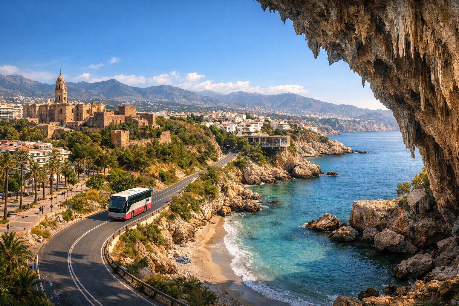 España, Málaga y Nerja. Vacaciones económicas en la costa de la Costa del Sol con playas urbanas, fortalezas, cuevas y traslados en autobús.
