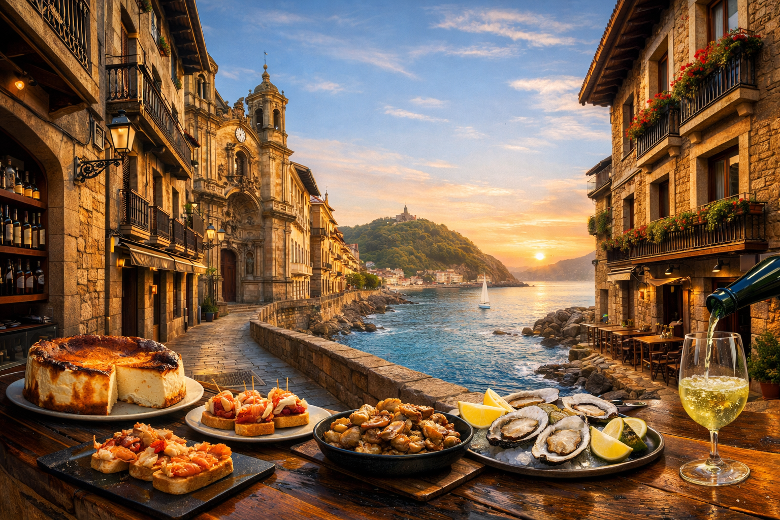 Spanien, San Sebastián. Gastronomische Route durch die alten Viertel mit Besuch von La Viña, Ganbara, Bar Martínez und dem Restaurant Casa Urola: Pintxos, baskischer Käsekuchen, Pilze, Meeresfrüchte und Txakoli.
