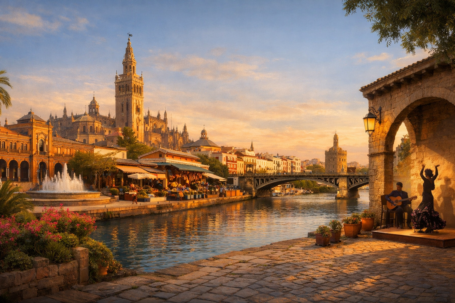 Spanien, Sevilla. Preisgünstige Bekanntschaft mit der andalusischen Architektur, den Plätzen, Märkten, dem Viertel Triana und kostenlosen Flamenco-Aufführungen.