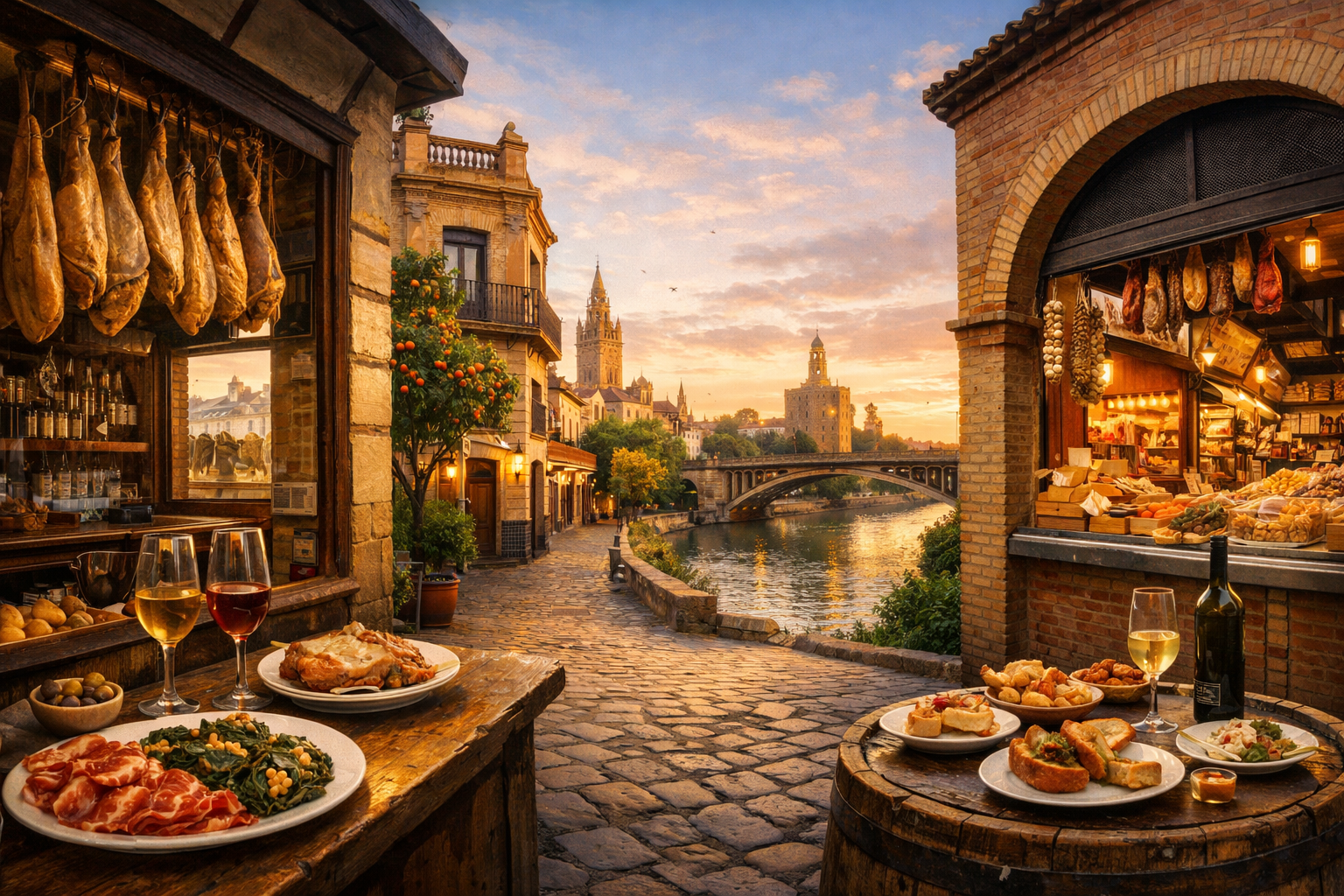 Spanien, Sevilla. Tour durch die historischen Tapas-Bars El Rinconcillo, Casa Morales und Bodega Santa Cruz mit Besuch des Marktes Mercado de Triana: Jamón, Spinat mit Kichererbsen, Ochsenschwanz, Sherry und andalusische Tapas.
