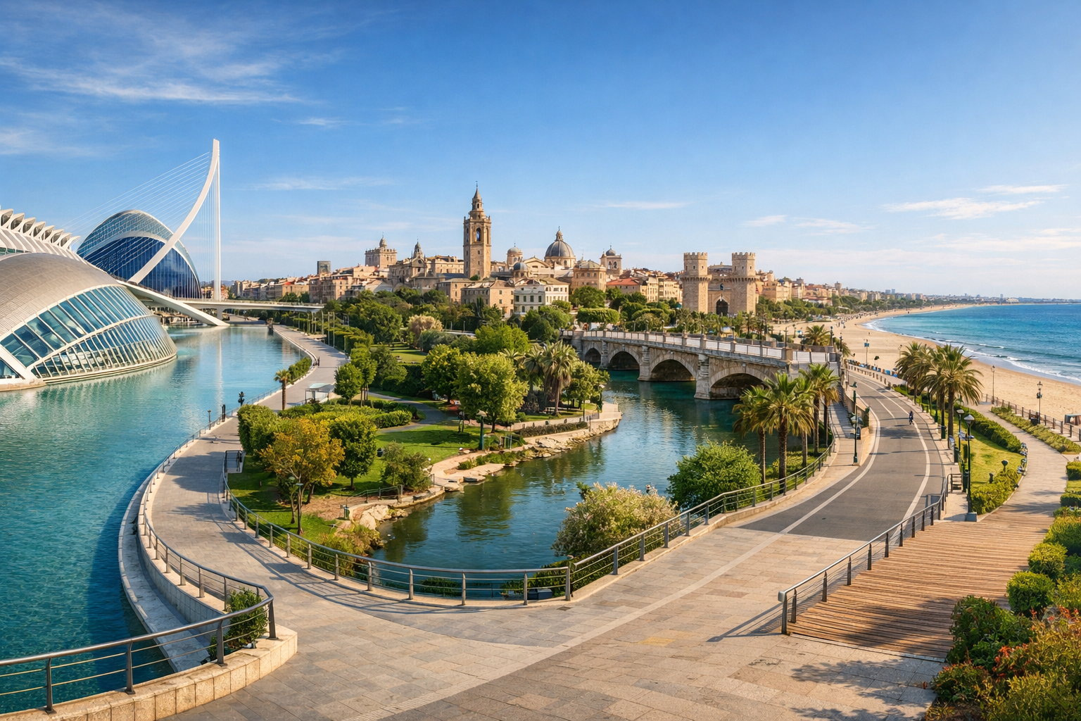 Spanien, Valencia. Barrierefreie Route durch die Stadt der Künste und Wissenschaften, den Turia-Park, das historische Zentrum und den zugänglichen Teil des Stadtstrandes.