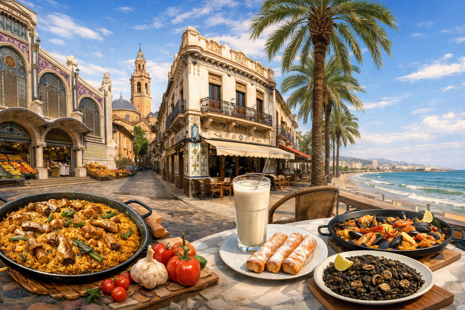 Spanien, Valencia. Route in die Heimat der Paella mit Besuch des Zentralmarktes, der Horchatería Santa Catalina und des Restaurants La Pepica am Strand Malvarrosa: valencianische Paella, Horchata, Fartons und Reisgerichte.