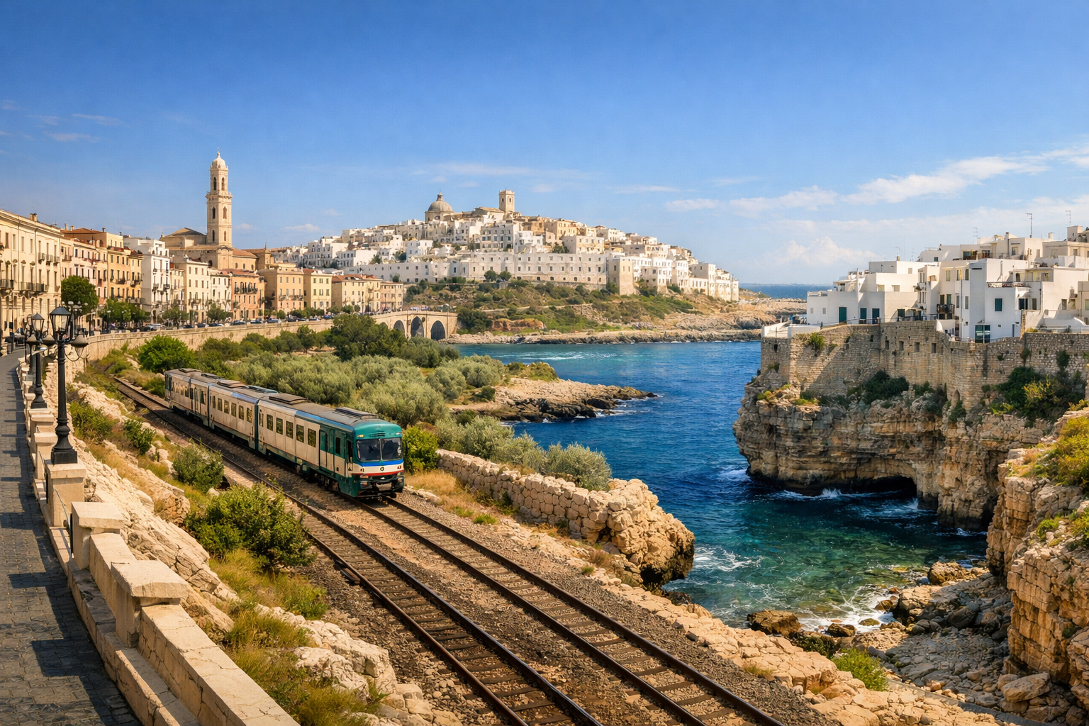 Italien, Bari und Polignano a Mare. Eine günstige Route durch Apulien mit weißen Städten, Altstadtvierteln, Stränden und Fahrten mit Regionalzügen.