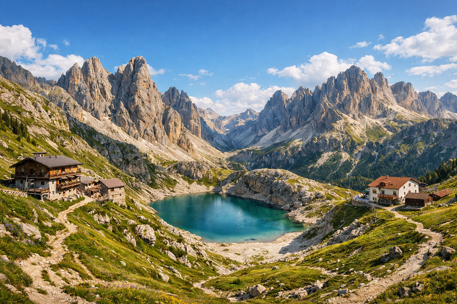 Italia, Dolomitas. Trekking de cuatro días por Val di Fassa con travesías entre refugios de montaña, por pasos alpinos, el lago Antermoia y el macizo del Catinaccio. Dificultad: media o alta. Temporada: julio - septiembre.
