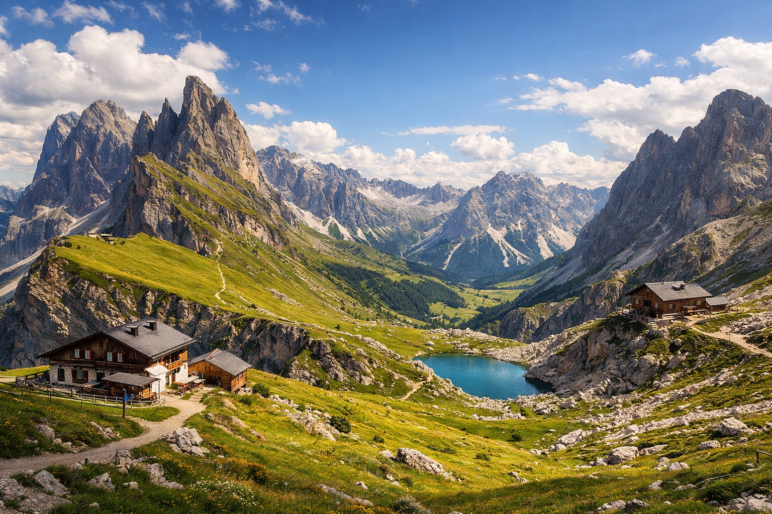 Italia, Dolomitas. Trekking de tres días por el parque natural Puez-Odle a través de prados alpinos, pasos de montaña y la meseta de alta montaña de Puez con pernoctaciones en refugios. Dificultad: media o alta. Temporada: julio - septiembre.