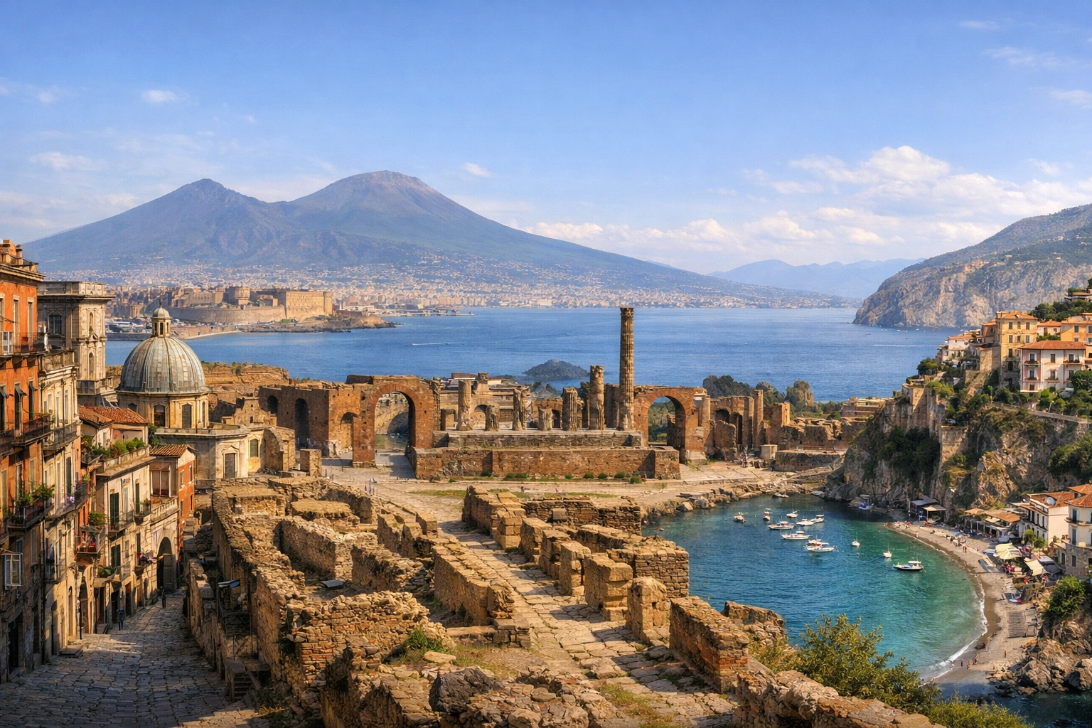 Italien, Neapel und Pompeji. Eine günstige Reise durch die historischen Viertel Neapels, den archäologischen Komplex von Pompeji und die Küste des Golfs von Neapel.