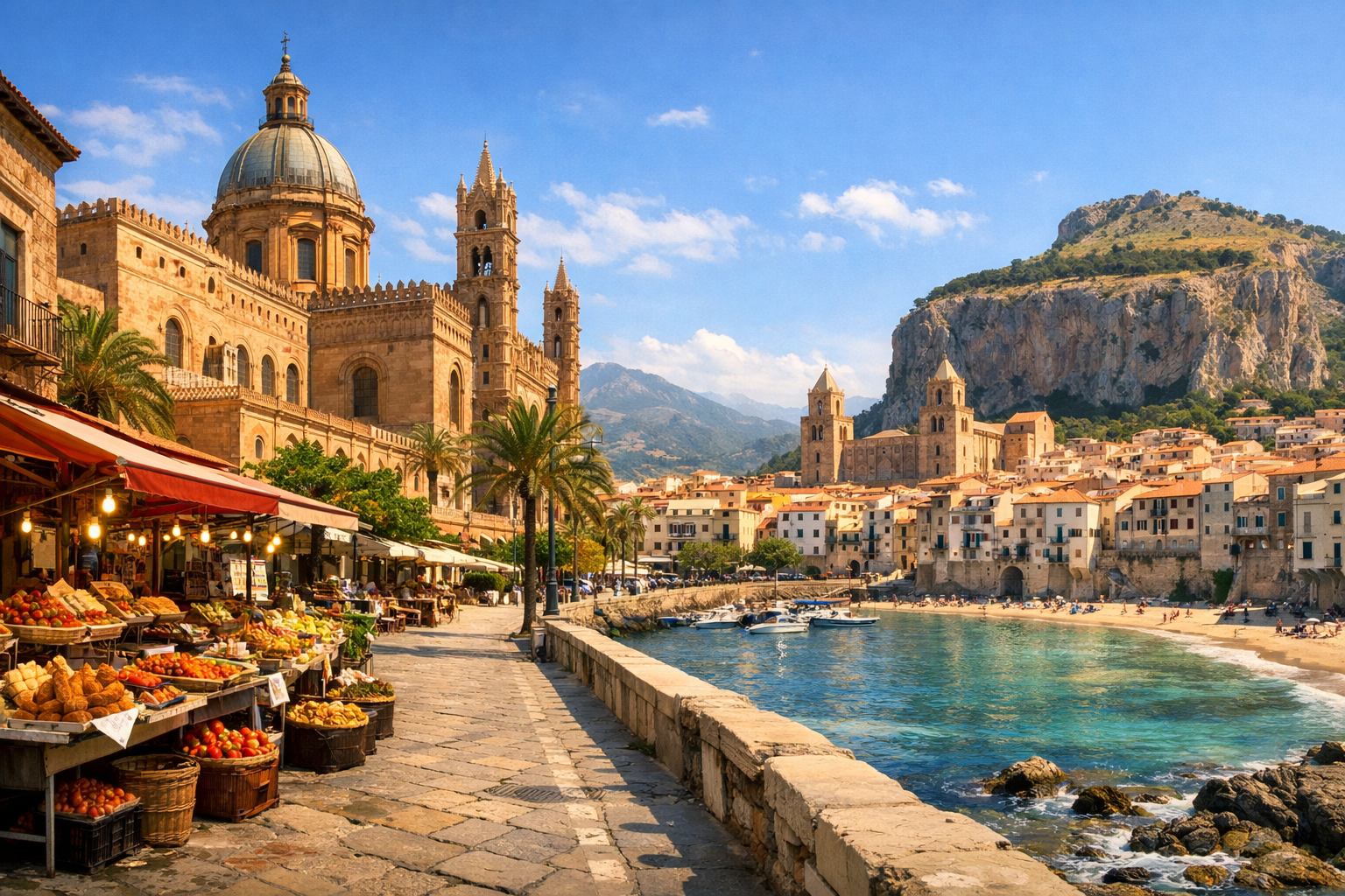 Italien, Palermo und Cefalù. Eine günstige Reise durch Sizilien mit Märkten, arabisch-normannischer Architektur, Streetfood und Erholung am Strand.