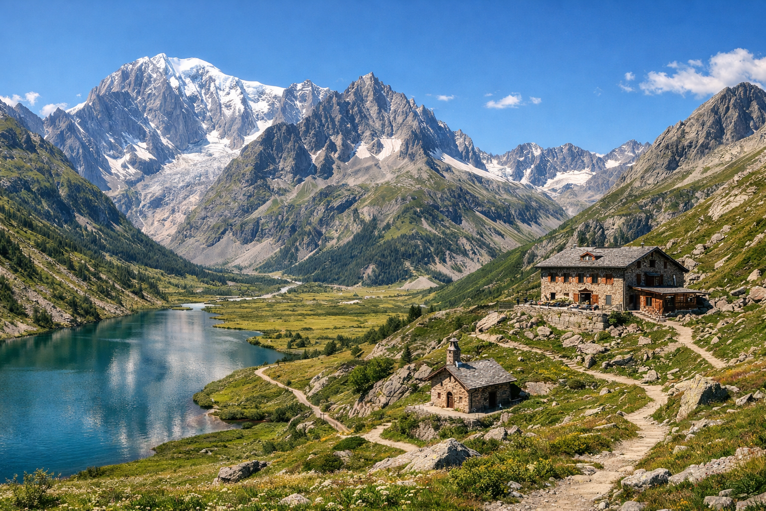 Italia, Valle de Aosta. Trekking de tres días por el valle de Val Veny, al pie del Mont Blanc, pasando por el lago Combal, el refugio Elisabetta y el puerto de Col de la Seigne. Dificultad: media o alta. Temporada: julio - septiembre.